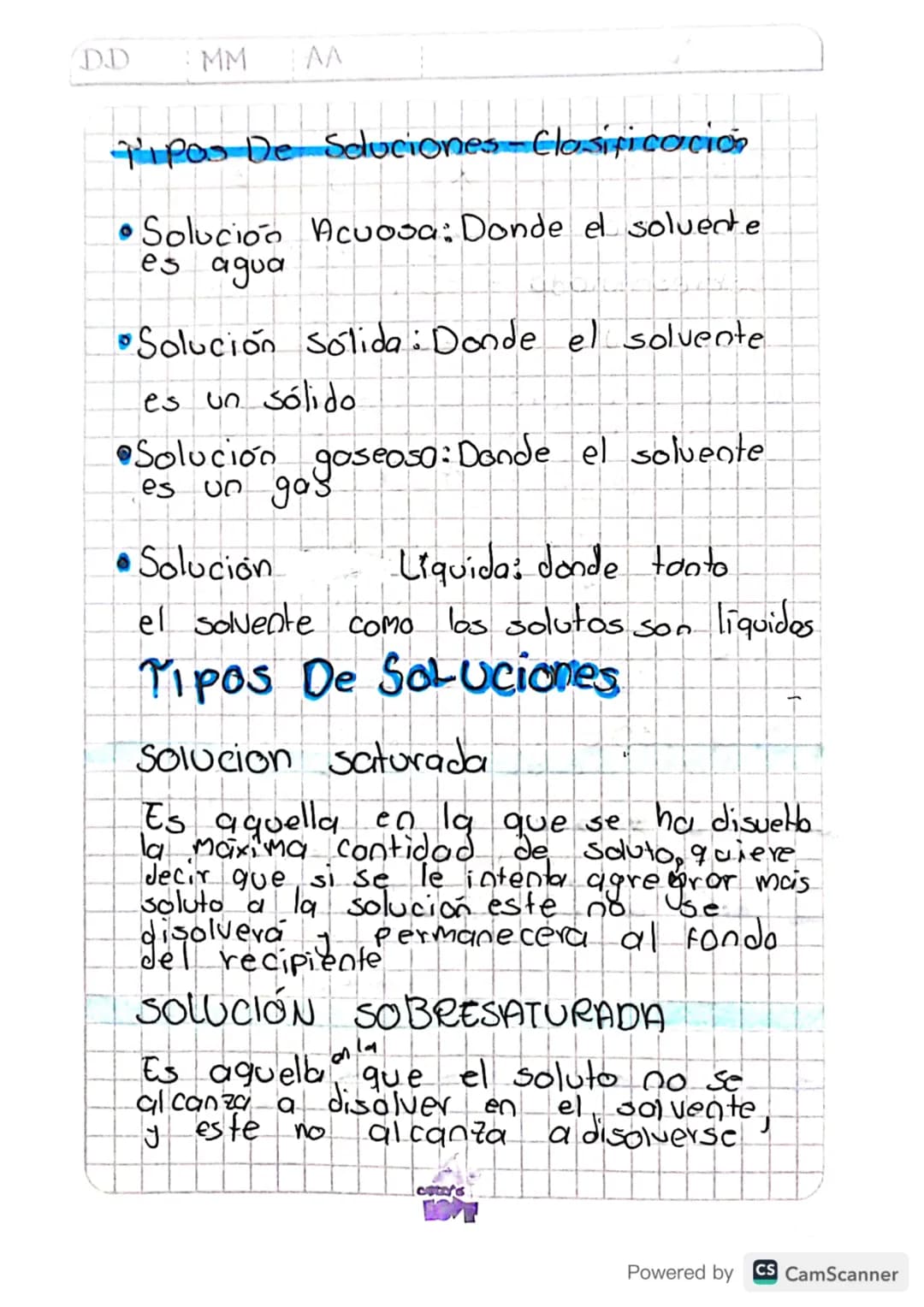 DD MM AA
Pipos De Soluciones-Clasificació
•Solución Acuosa: Donde el solvente
es agua
Solución Sólida : Donde el solvente
es un sólido
•