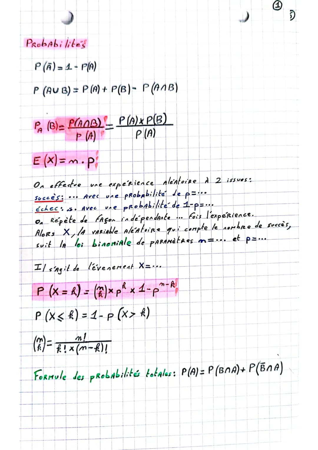 Probabilites
P(A) = 1-P(A)
P (AUB) = P(A) + P(B)- P(AMB)
PA (B)=P(ANB) - P(A)XP(B)
P(A)
P(A)
E (X) = m. p
①
On effectue une expérienc
