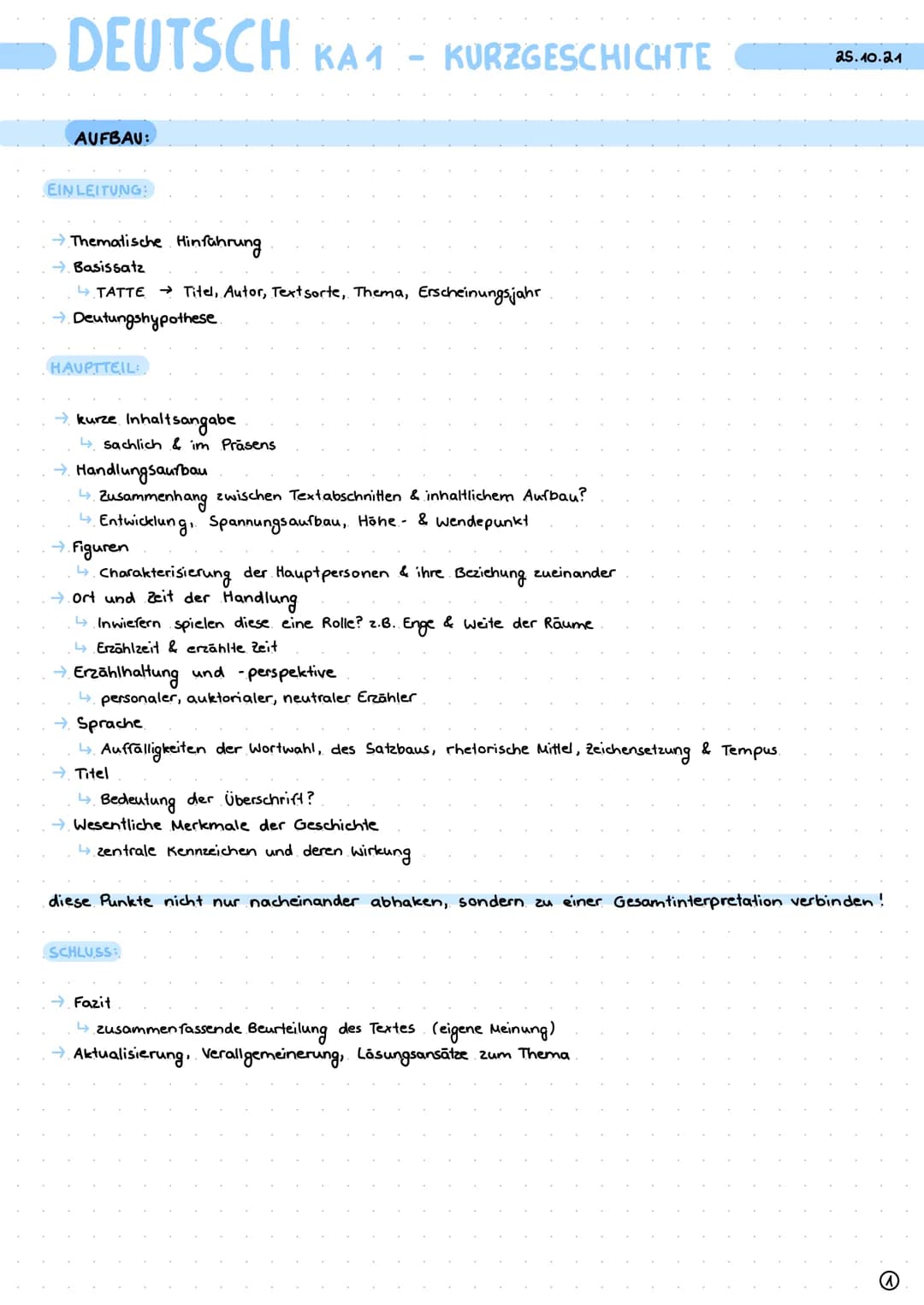 # DEUTSCH KA1 - KURZGESCHICHTE
25.10.21
AUFBAU:
EINLEITUNG
→Thematische Hinfahrung
→ Basissatz
TATTE Titel, Autor, Textsorte, Thema, E