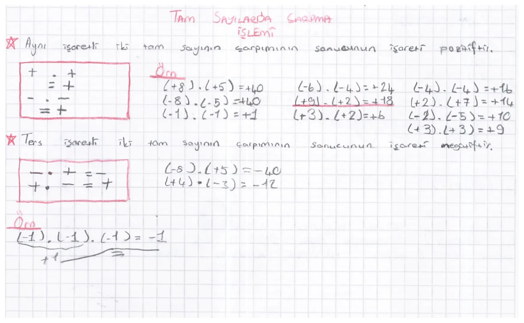 TAM SAYILARDA ÇARPMA
ISLEMI
☆ Aynı işaretti iki tam sayının çarpımının sonucunun işareti portiftir.
+ +
- -
=+ =+
Örn
(+8). (+5)=+40 (-6).(-