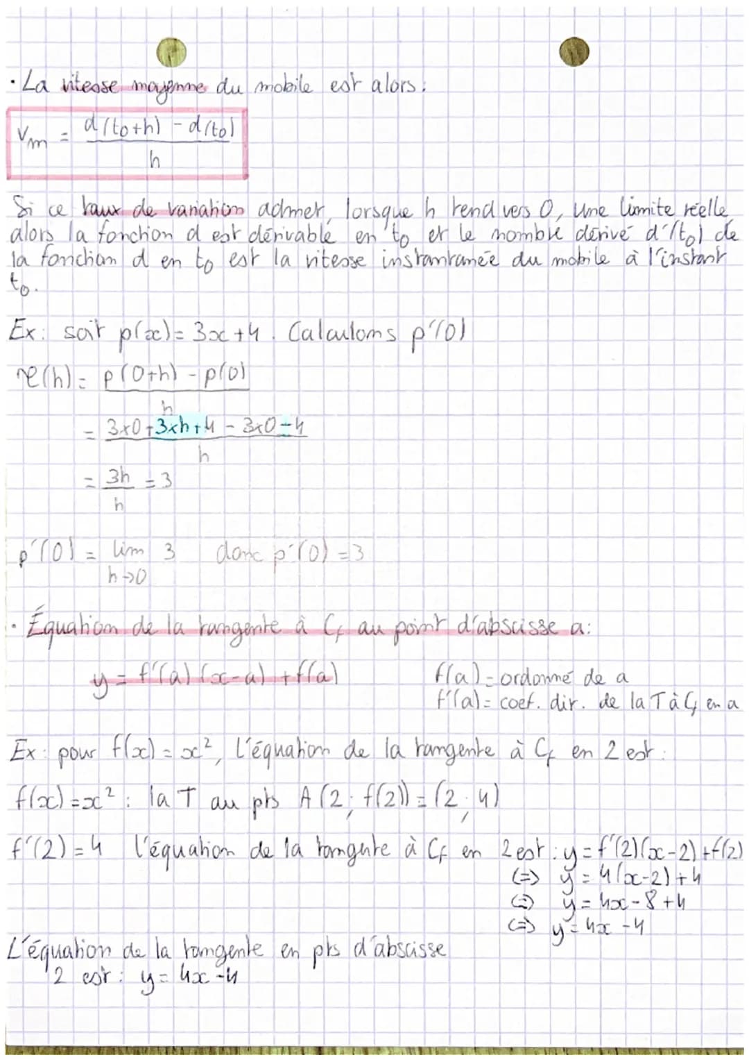 • •
# MATHS
DERIVATION:
•Taux de variation (= coef, dir = taux d'accroissement) de f entre
a er a+h:
r(h) = $\frac{f(a+h) -f(a)}{h}$
Ex: