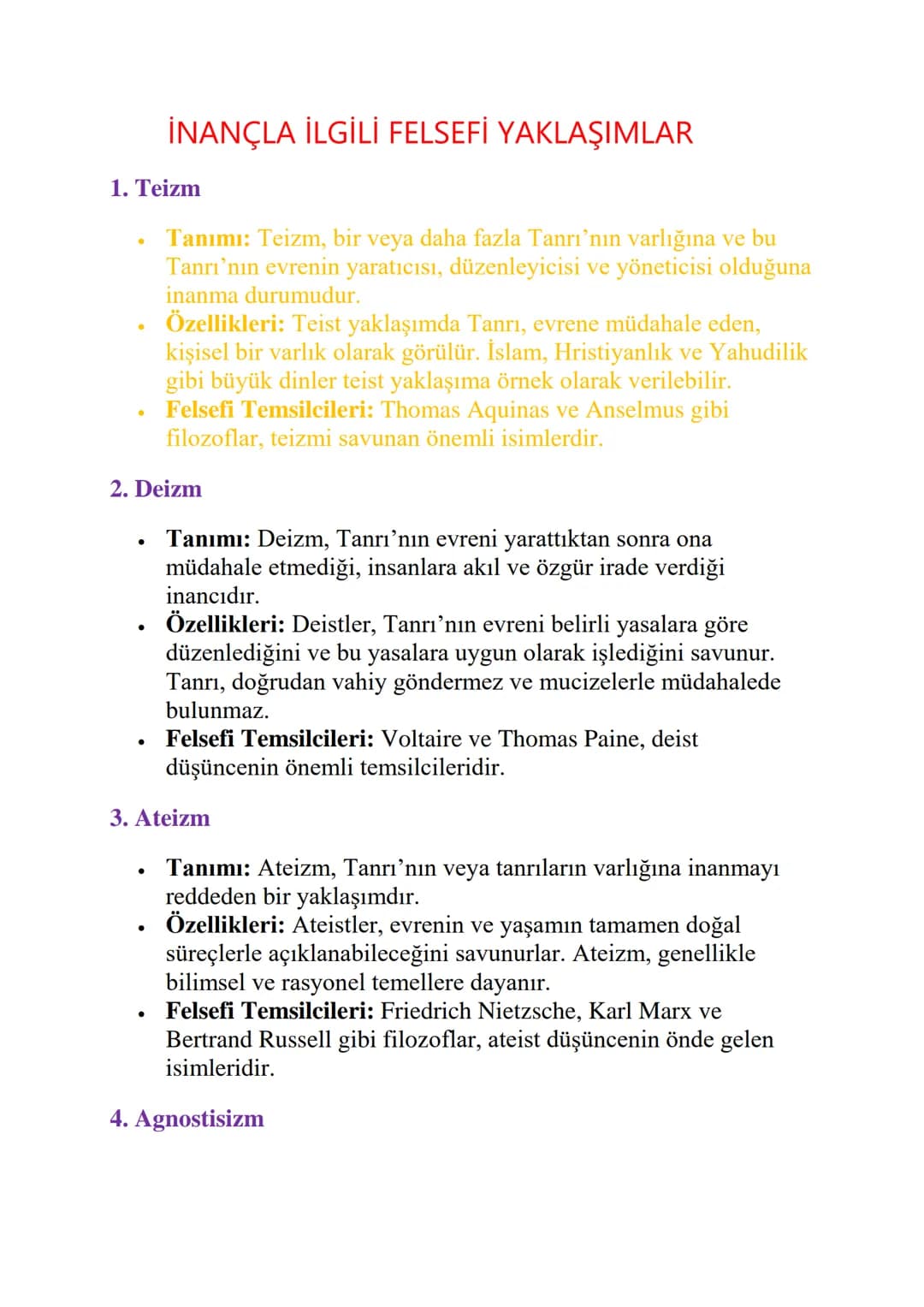 # İNANÇLA İLGİLİ FELSEFİ YAKLAŞIMLAR
1. Teizm
* Tanımı: Teizm, bir veya daha fazla Tanrı'nın varlığına ve bu
Tanrı'nın evrenin yarat