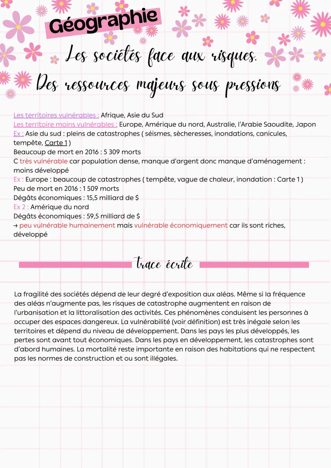 **
Géographie
Les sociétés face aux risques.
Des ressources majeurs sous pressions
Comment répondre aux besoins croissant des sociétés sans