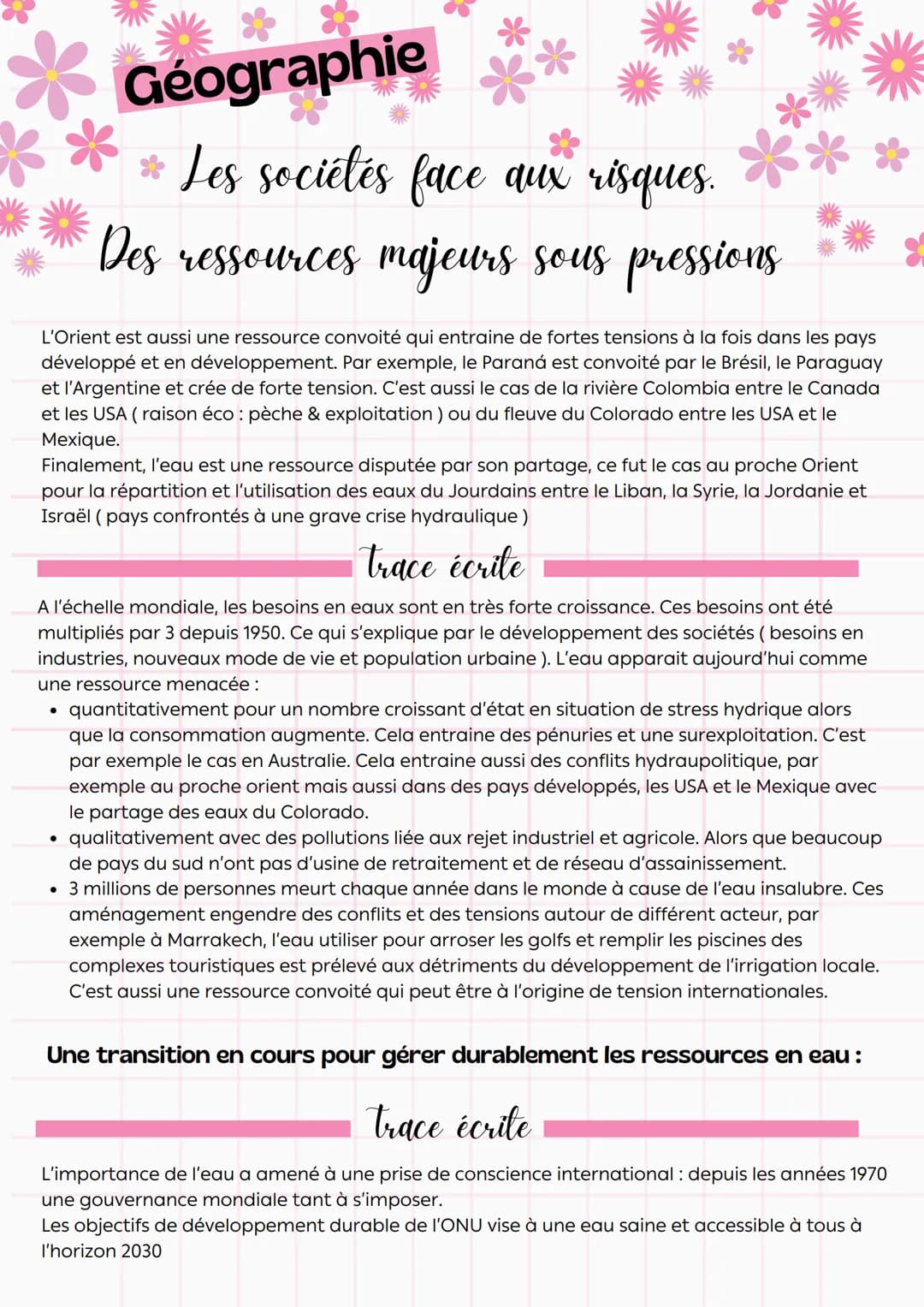 **
Géographie
Les sociétés face aux risques.
Des ressources majeurs sous pressions
Comment répondre aux besoins croissant des sociétés sans