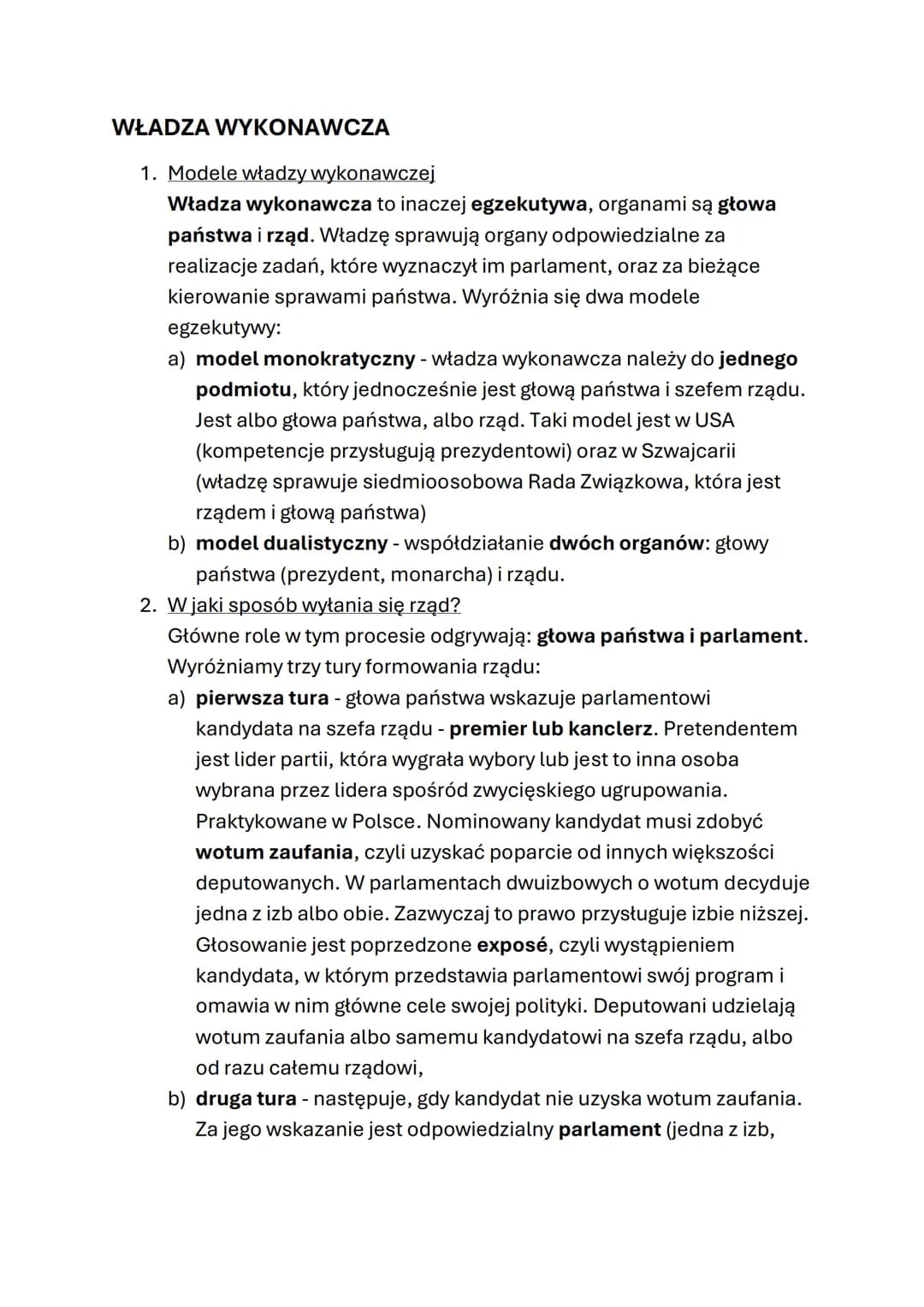 # WŁADZA WYKONAWCZA
1. Modele władzy wykonawczej
Władza wykonawcza to inaczej egzekutywa, organami są głowa
państwa i rząd. Władzę sprawu