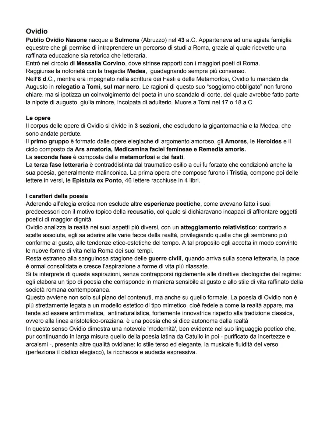# Ovidio
Publio Ovidio Nasone nacque a Sulmona (Abruzzo) nel 43 a.C. Apparteneva ad una agiata famiglia
equestre che gli permise di intrapr