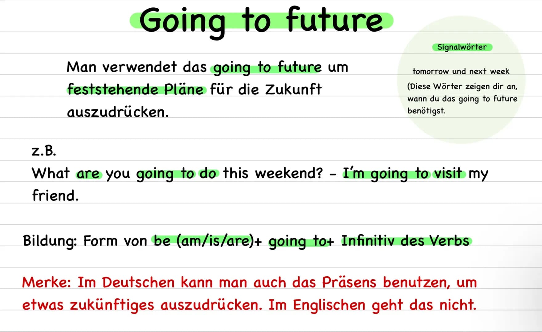 # Going to future
Man verwendet das going to future um
feststehende Pläne für die Zukunft
auszudrücken.
z.B.
What are you going to do thi