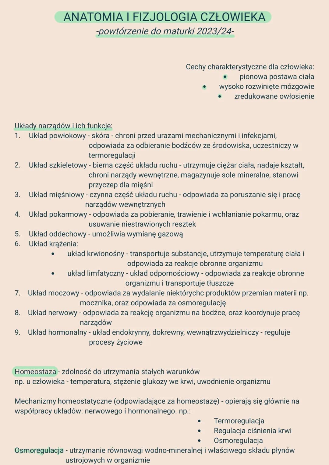 # ΑΝΑΤΟΜΙΑ I FIZJOLOGIA CZŁOWIEKA
-powtórzenie do maturki 2023/24-
Cechy charakterystyczne dla człowieka:
* pionowa postawa ciała
* wys