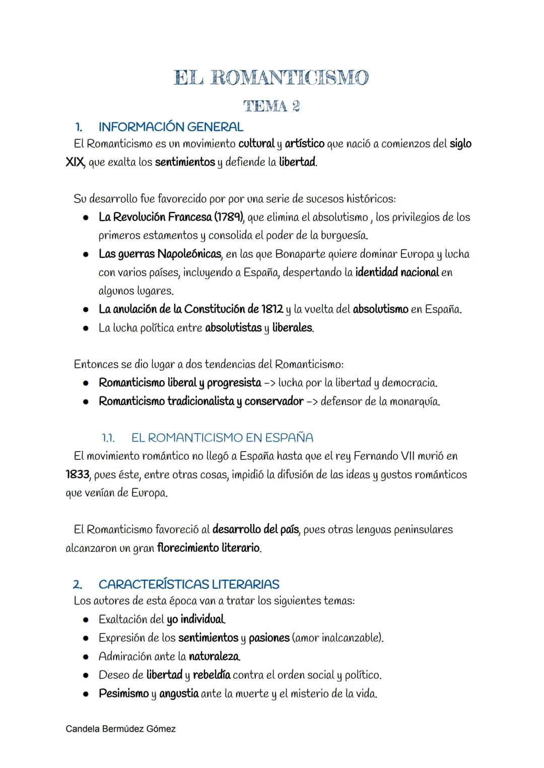 # EL ROMANTICISMO
TEMA 2
1. INFORMACIÓN GENERAL
El Romanticismo es un movimiento cultural y artístico que nació a comienzos del siglo
XIX