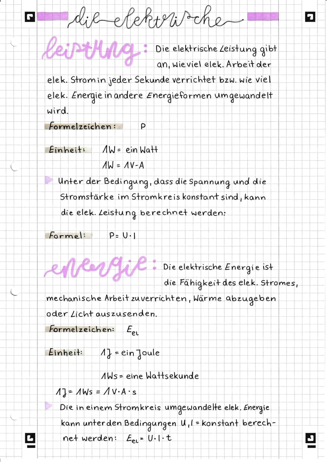◉ ELEKTRISCHE ENERGIE UND LEISTUNG-
Die elektrische Energie ist die Fähigkeit des elek. Stromes,
mechanische Arbeit zu verrichten, Wärme ab