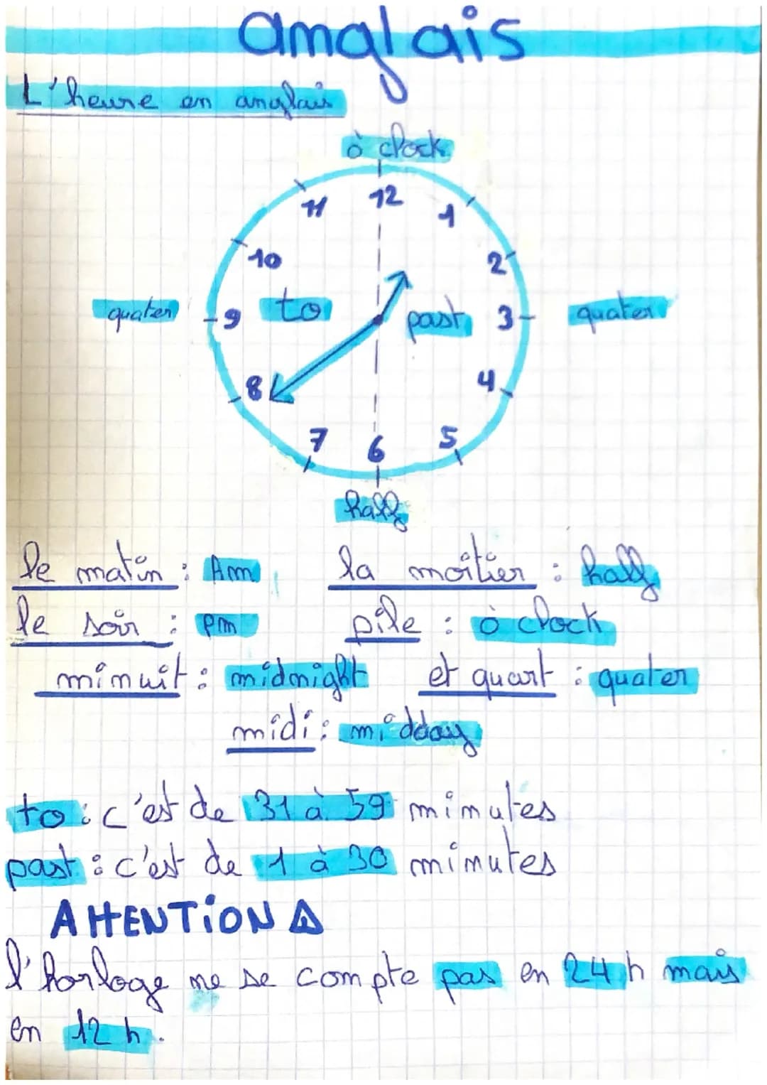 # amalais
L'heure en anglais
clock
112
1
10
2
quater
9
to
past 3
quater
8K
4
76
5
hall
le matin Am
la moitier : half
le sour: pm
pile: