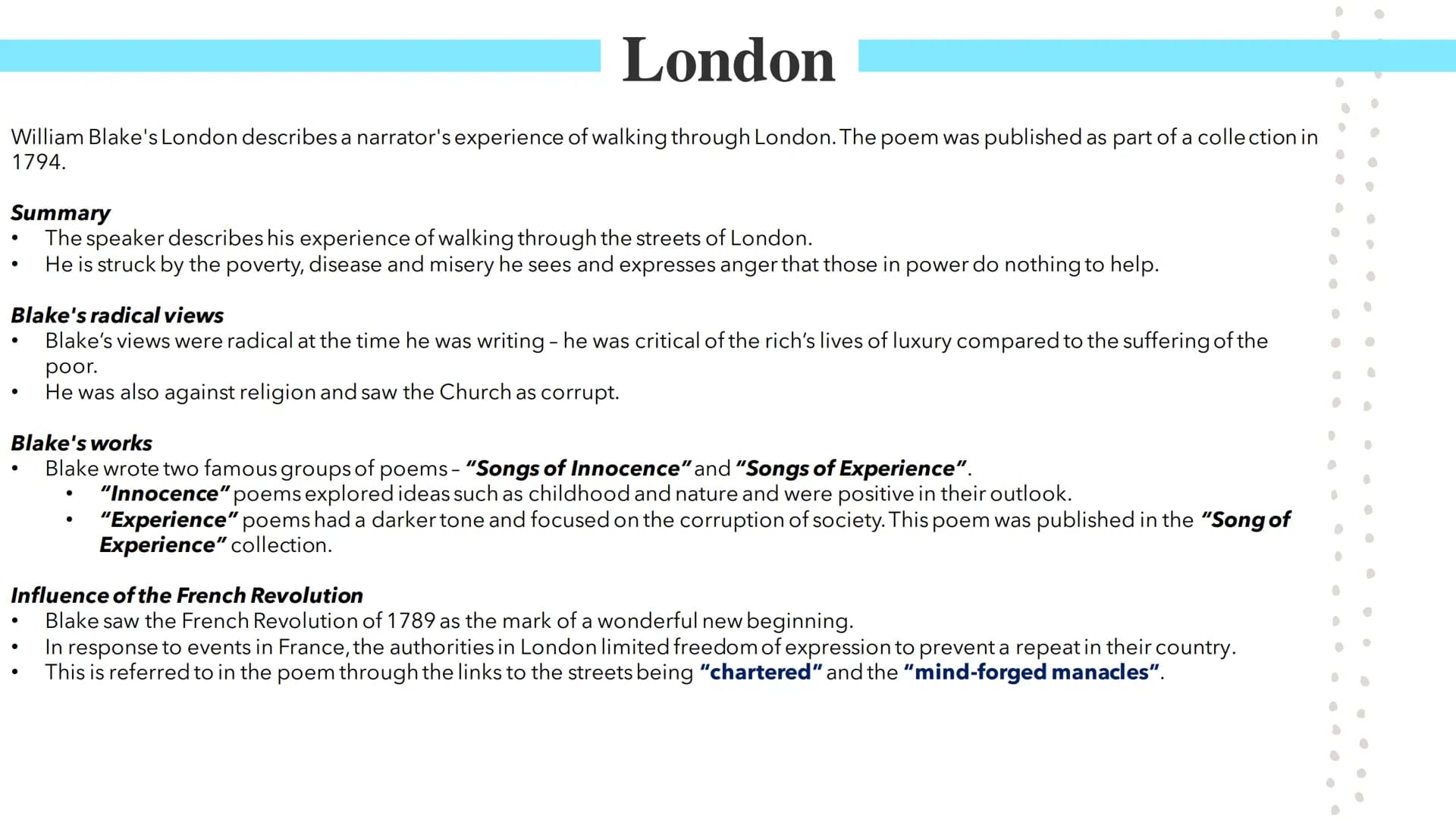 # London
Poetry GCSEs # London
William Blake's London describes a narrator's experience of walking through London. The poem was published a