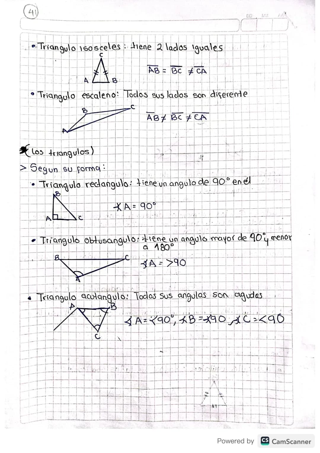 40
Tarea: Realizar ejercicios impares taller, evaluación proxima dase
Triangulos
Un triangulo es la region del plano limitada por 3
recta