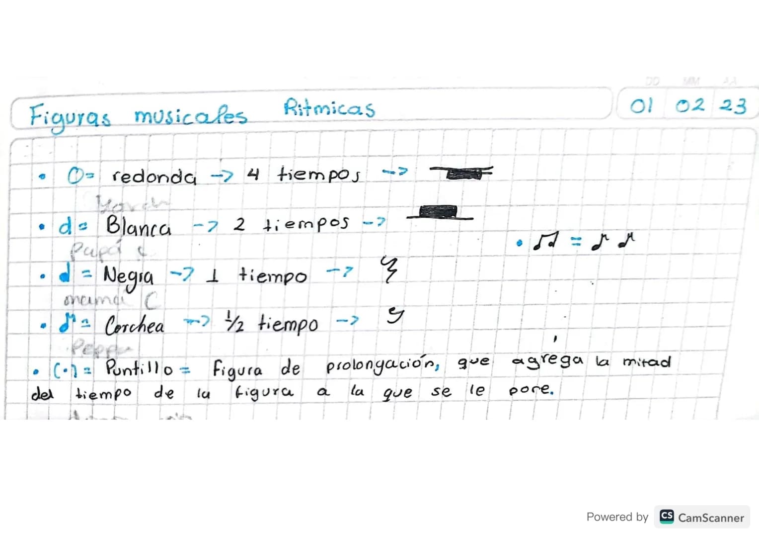 # Figuras musicales Ritmicas
DO
MM
AA
01 02 23
- O= redonda -> 4 tiempos ->
- d= Blanca -> 2 tiempos ->
- d = Negra -> 1 tiempo -> $\