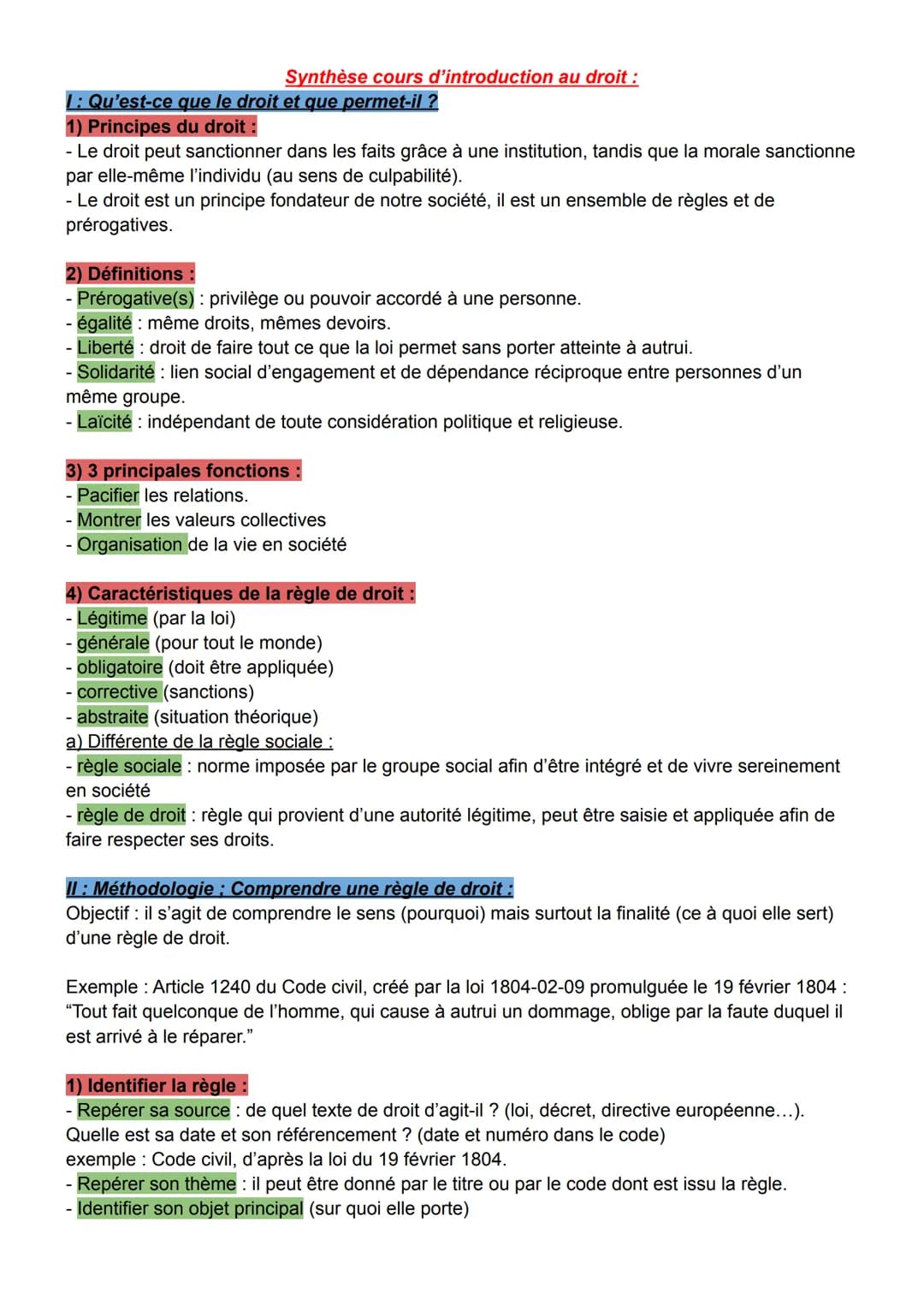 # Synthèse cours d'introduction au droit :
1: Qu'est-ce que le droit et que permet-il?
1) Principes du droit :
- Le droit peut sanctionne