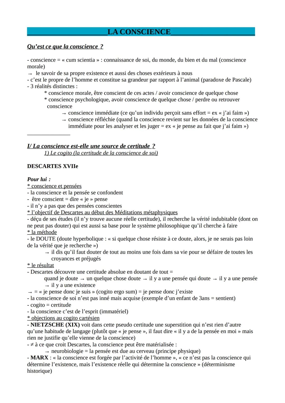 # LA CONSCIENCE
Qu'est ce que la conscience ?
- conscience = << cum scientia >>: connaissance de soi, du monde, du bien et du mal (conscie