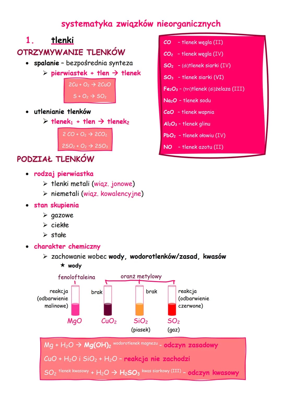 # systematyka związków nieorganicznych
1. tlenki
OTRZYMYWANIE TLENKÓW
* spalanie - bezpośrednia synteza
* ➤ pierwiastek + tlen → tl