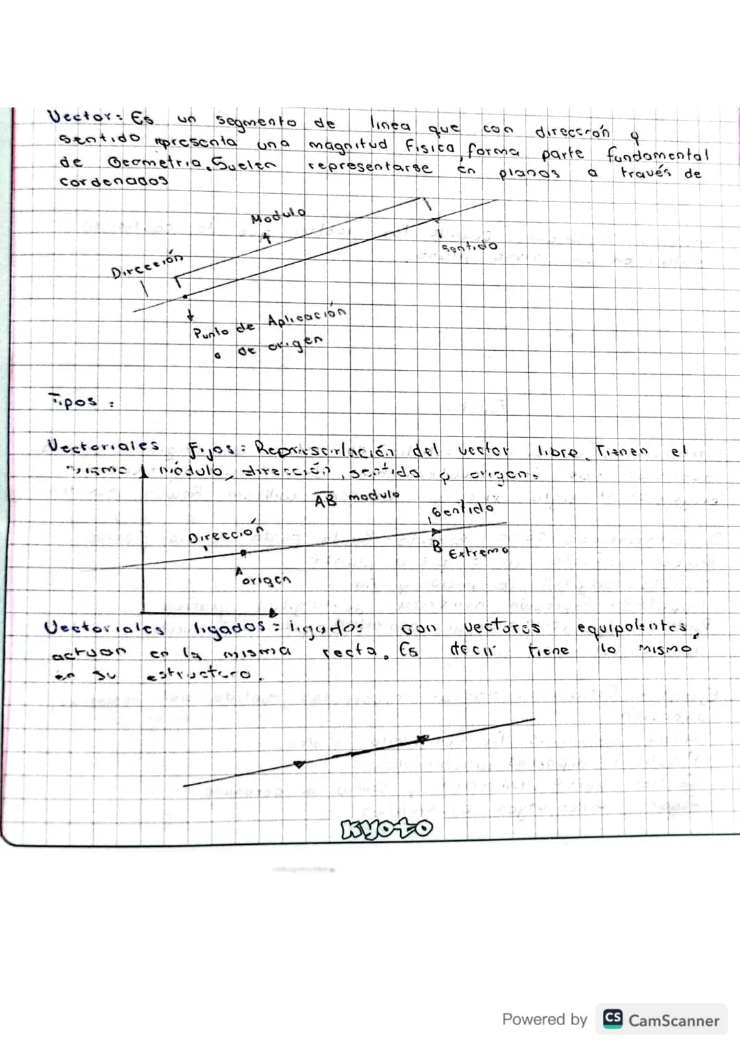 Vector: Es un segmento de linea que con dirección q
sentido presenta una magnitud fisica, forma parte fundamental
de Geometria, Suelen repre