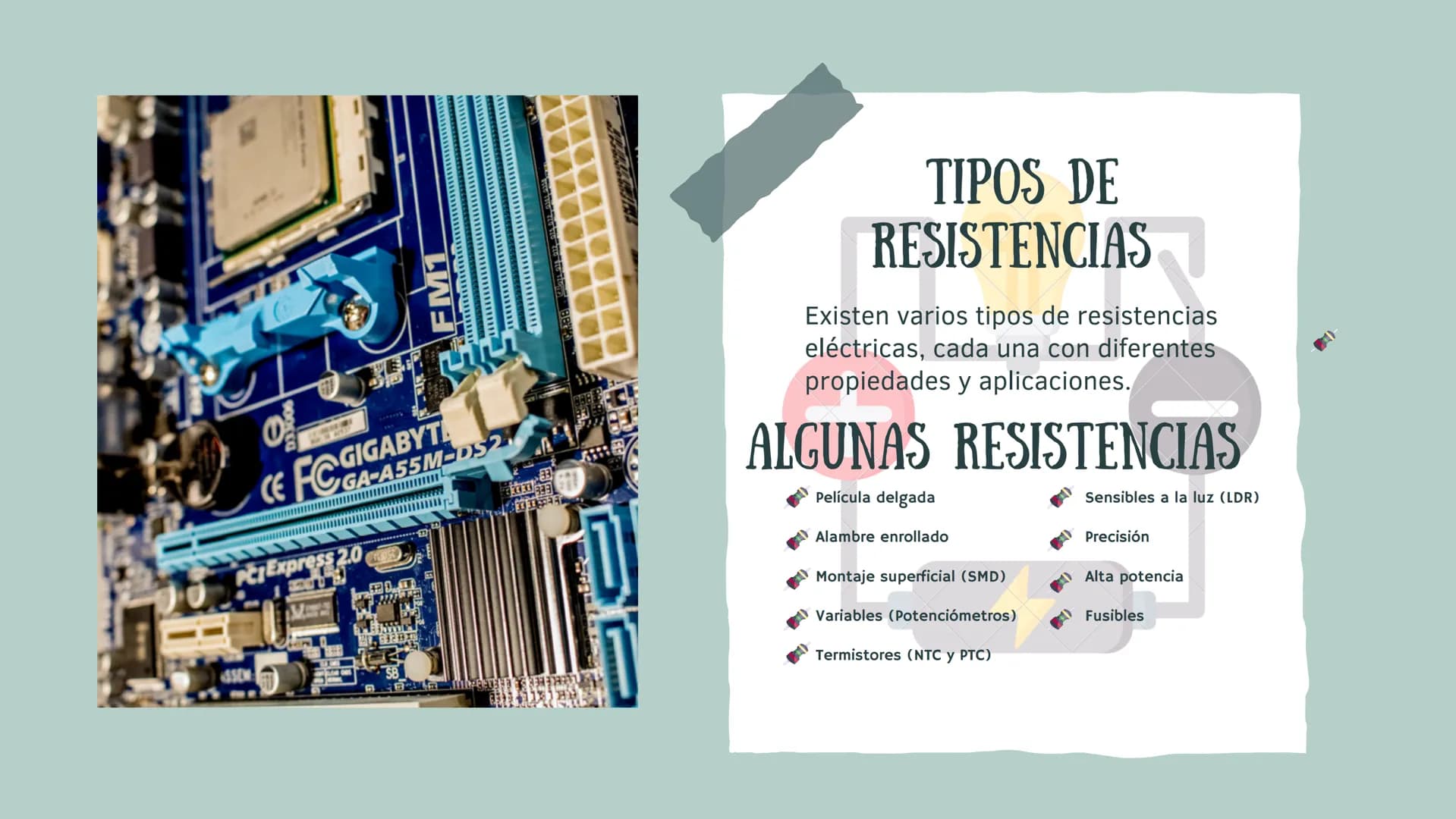 # RESISTENCIAS
POR: SOPHIE GONZÁLEZ y VALENTINA GONZÁLEZ QUE ES?
Una resistencia
eléctrica es un
dispositivo que reduce
la cantidad de
Cal