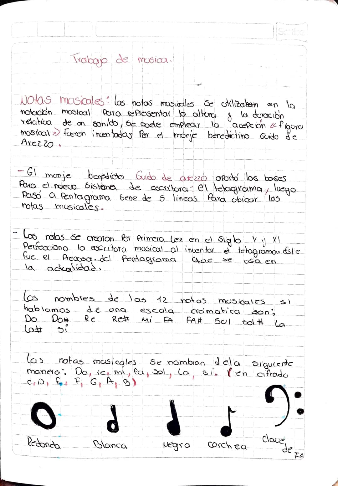 Trabajo de musica.
Scribe
Notas musicales: las notas musicales se utilizaban en la
notación mosical Para representar la altera y la duración
