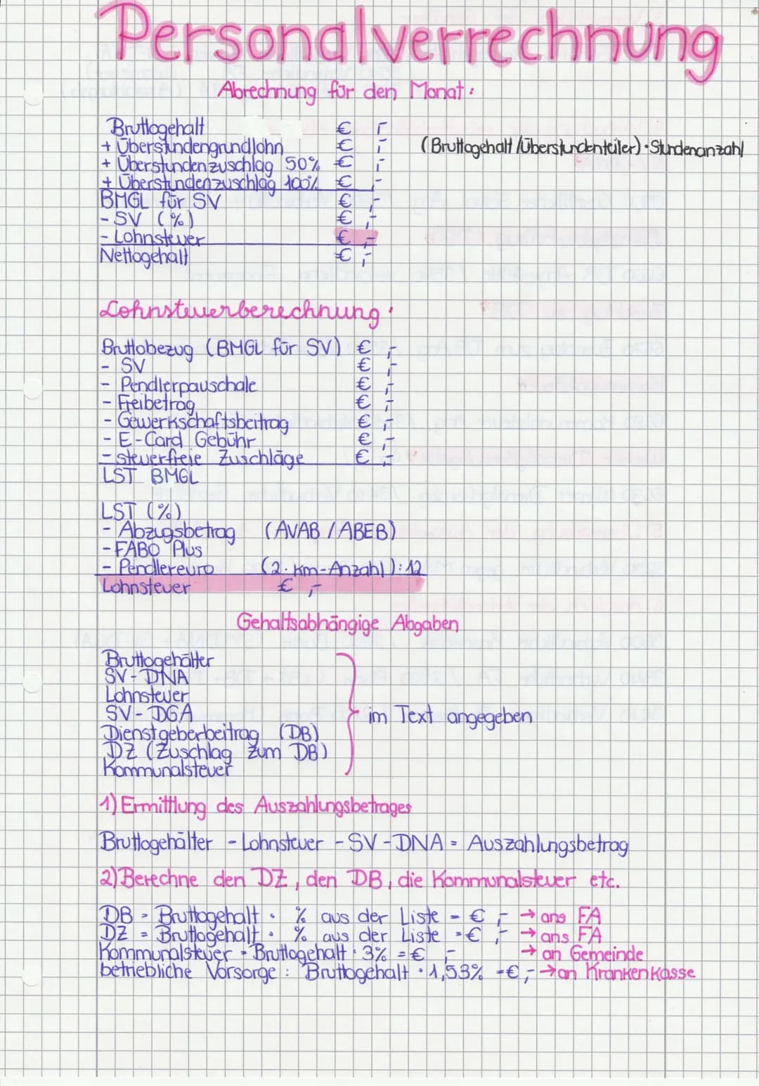# Personalverrechnung
Abrechnung für den Monat:
Bruttogehalt €
+ Überstundengrundlohn € (Bruttogehalt/Überstundenteiler) Stundenanzahl
+ Ü