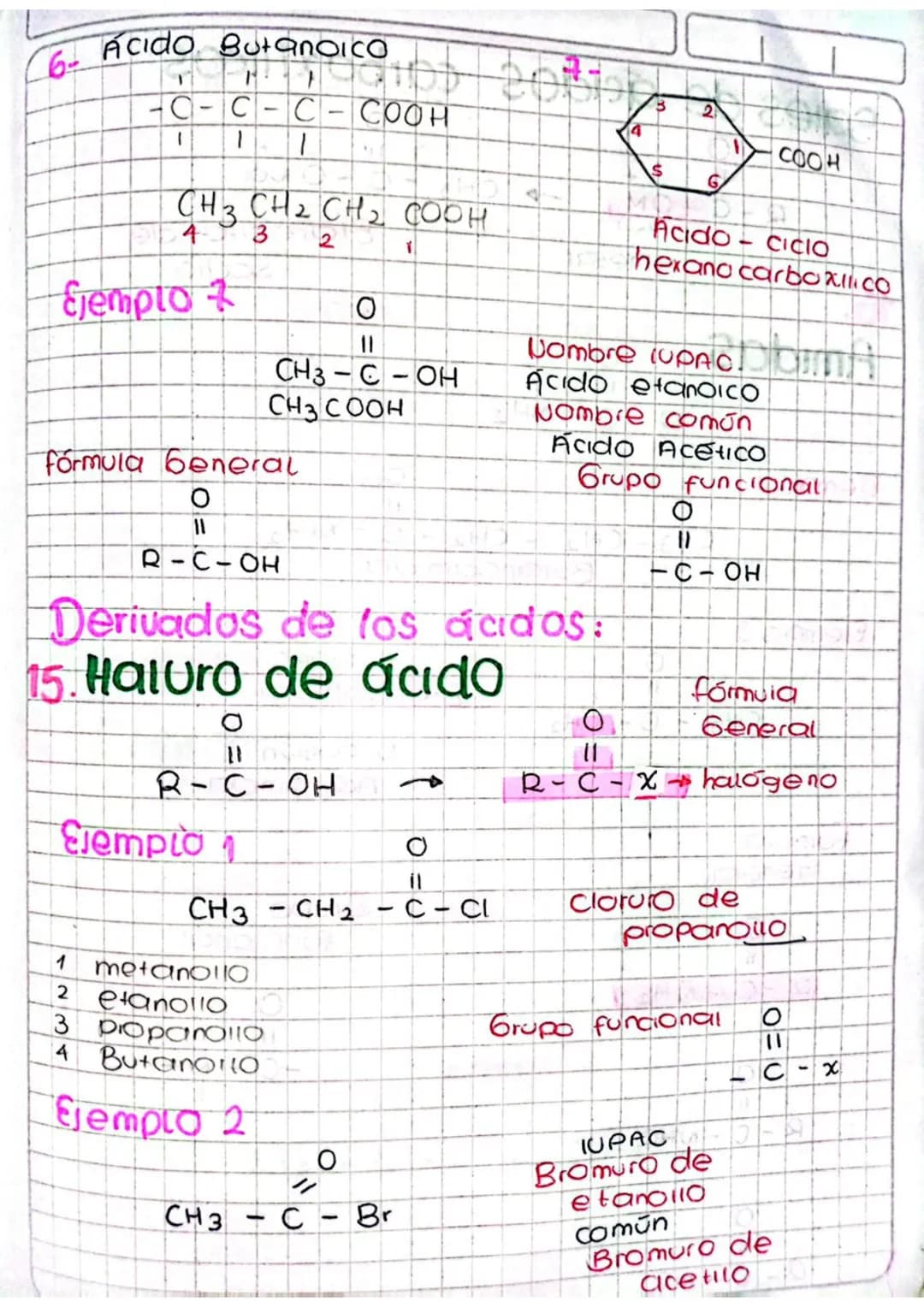 # 14. Ácidos (carboxílicos)
En su estructura tienen el grupo carboXILO
- carbón unido a un oxígeno por doble
eniace y
ai lado debe ir ОН.
O