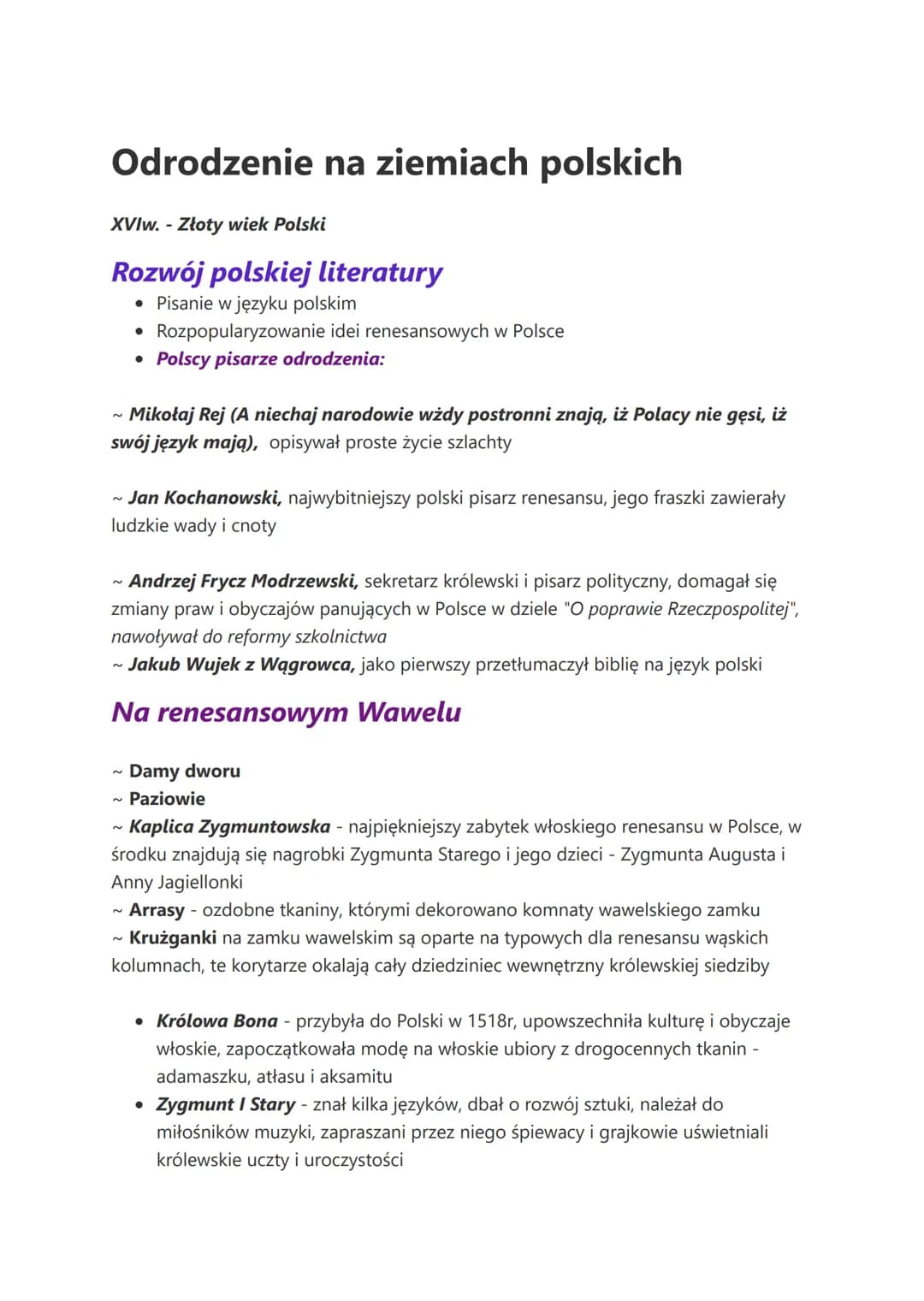 # Odrodzenie na ziemiach polskich
XVIw. - Złoty wiek Polski
## Rozwój polskiej literatury
* Pisanie w języku polskim
* Rozpopularyzow