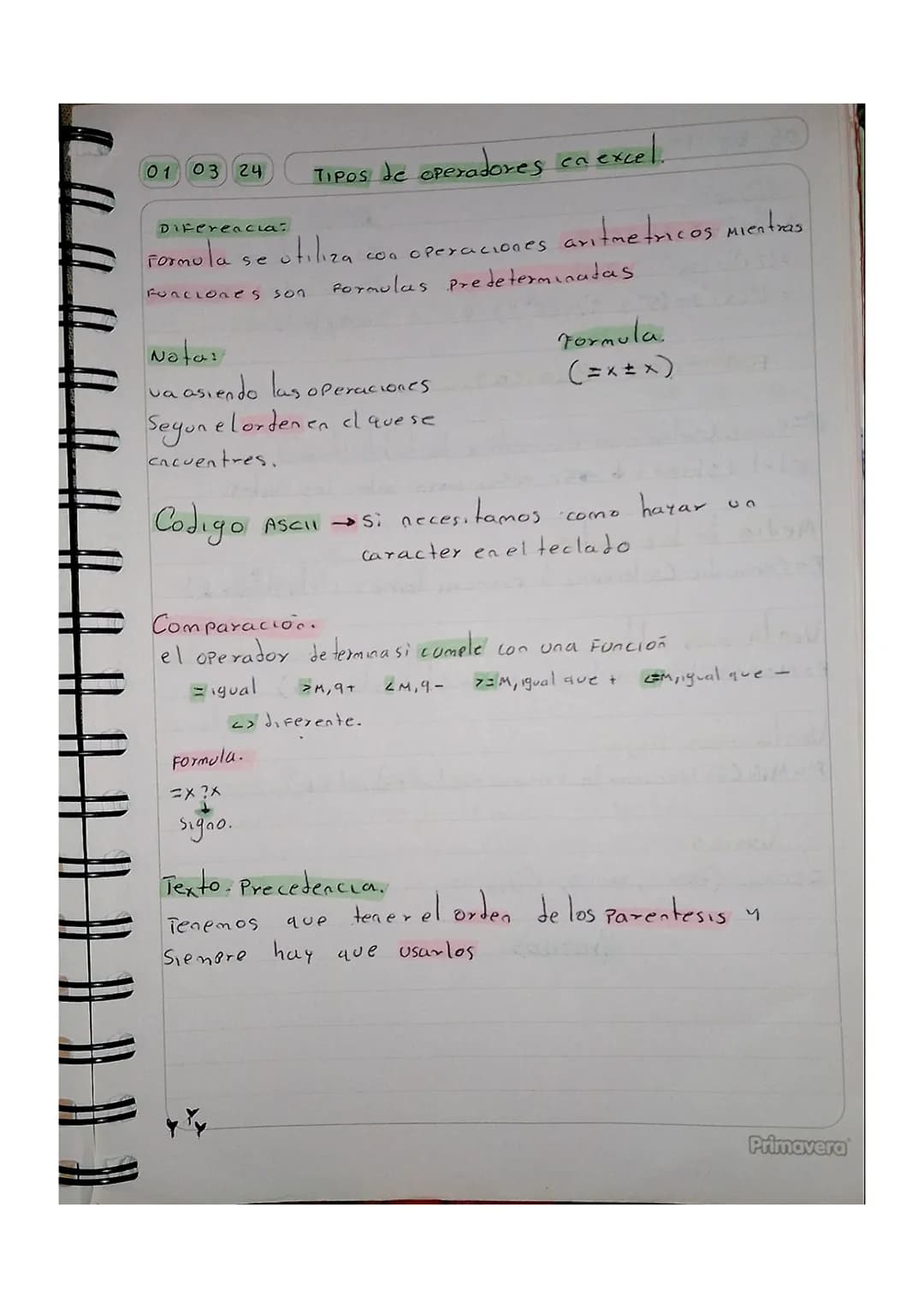 01 03 24
Tipos de operadores ca excel.
Diferencia:
Formula se otiliza cos operaciones aritmetricos mientras
FORCLOGes son Pormulas predeter