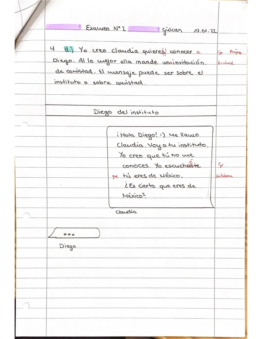 2021/2022
E Spa 03
examen N° 2
examen N° 2
fecha: Hoy es el diecisiete de enero de 2022. (2) 2
día de la semana: lunes (1) 1
ombre y a