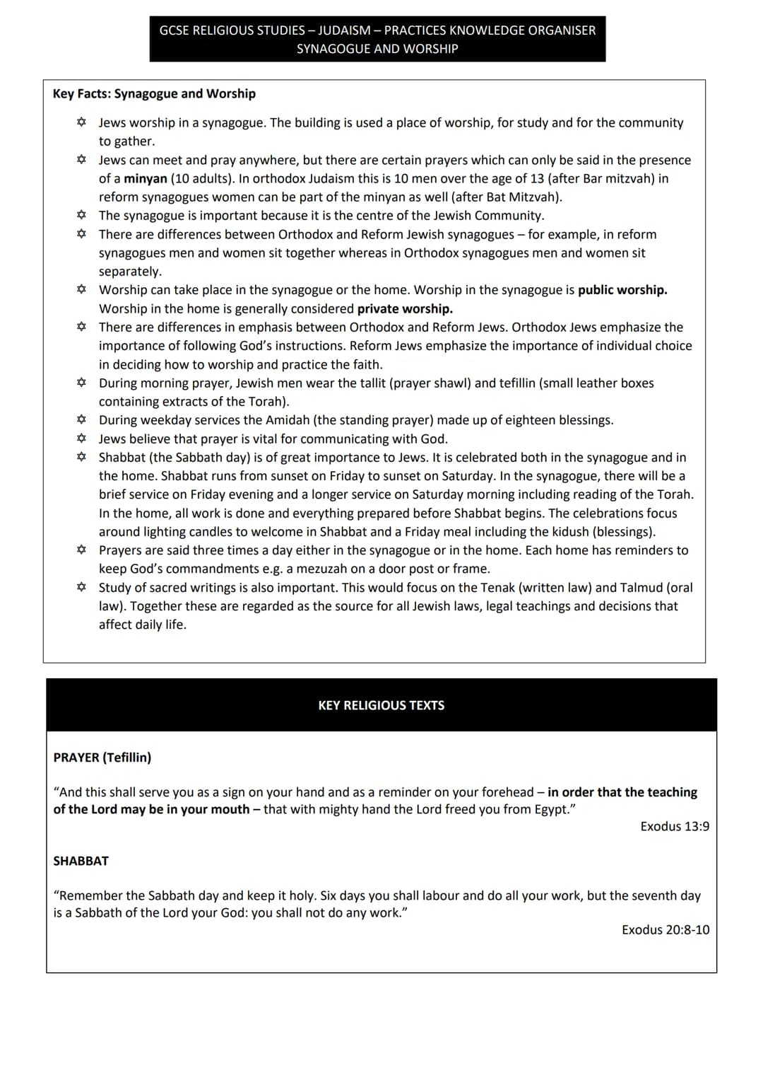 # GCSE RELIGIOUS STUDIES - JUDAISM - PRACTICES KNOWLEDGE ORGANISER
SYNAGOGUE AND WORSHIP
Key Facts: Synagogue and Worship
* Jews worship