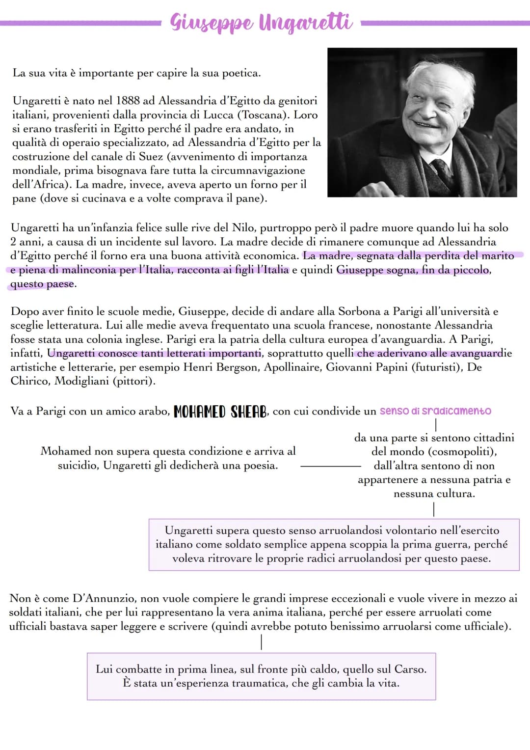 # Giuseppe Ungaretti
La sua vita è importante per capire la sua poetica.
Ungaretti è nato nel 1888 ad Alessandria d'Egitto da genitori
ita