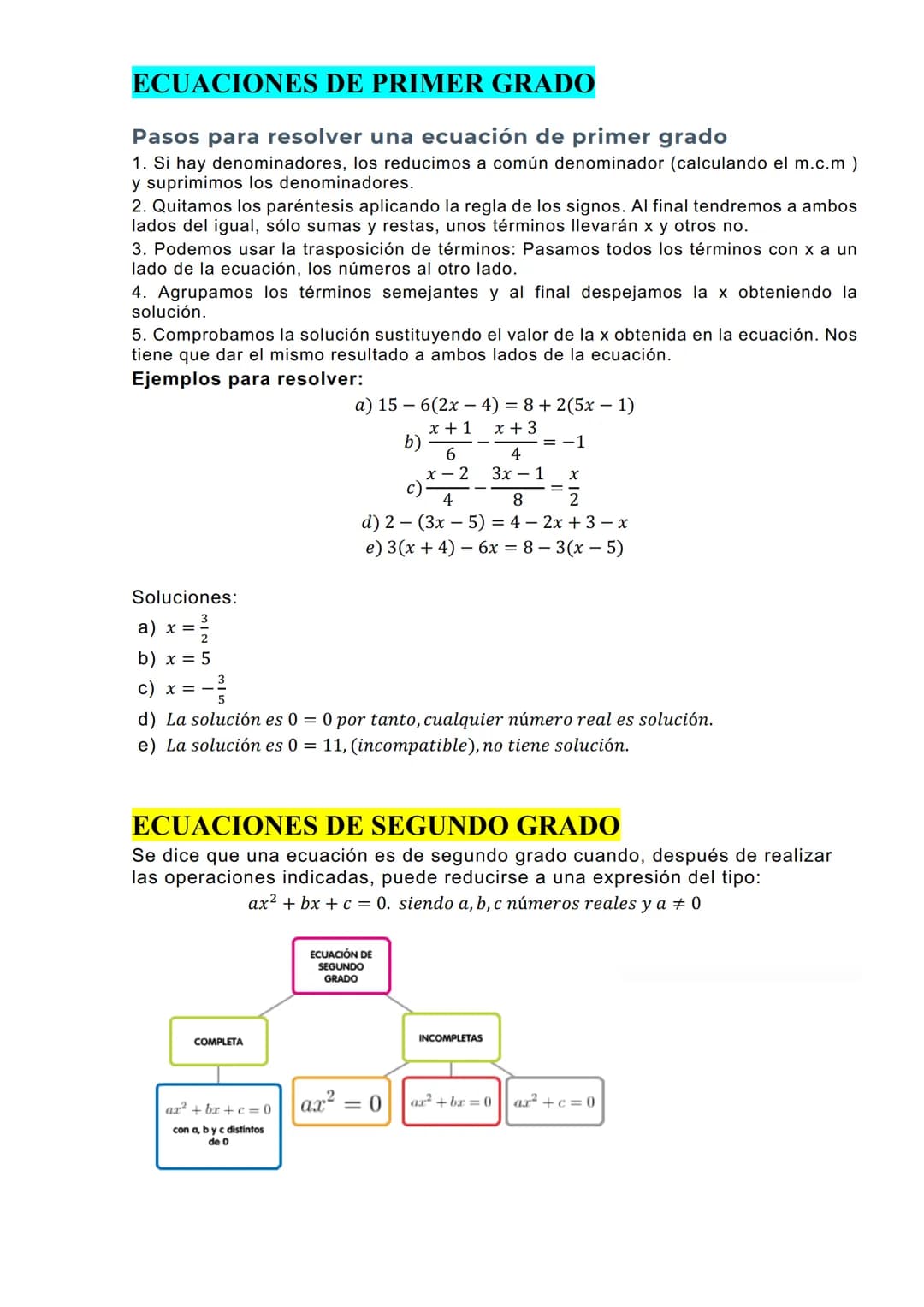 # ECUACIONES DE PRIMER GRADO
Pasos para resolver una ecuación de primer grado
1. Si hay denominadores, los reducimos a común denominador