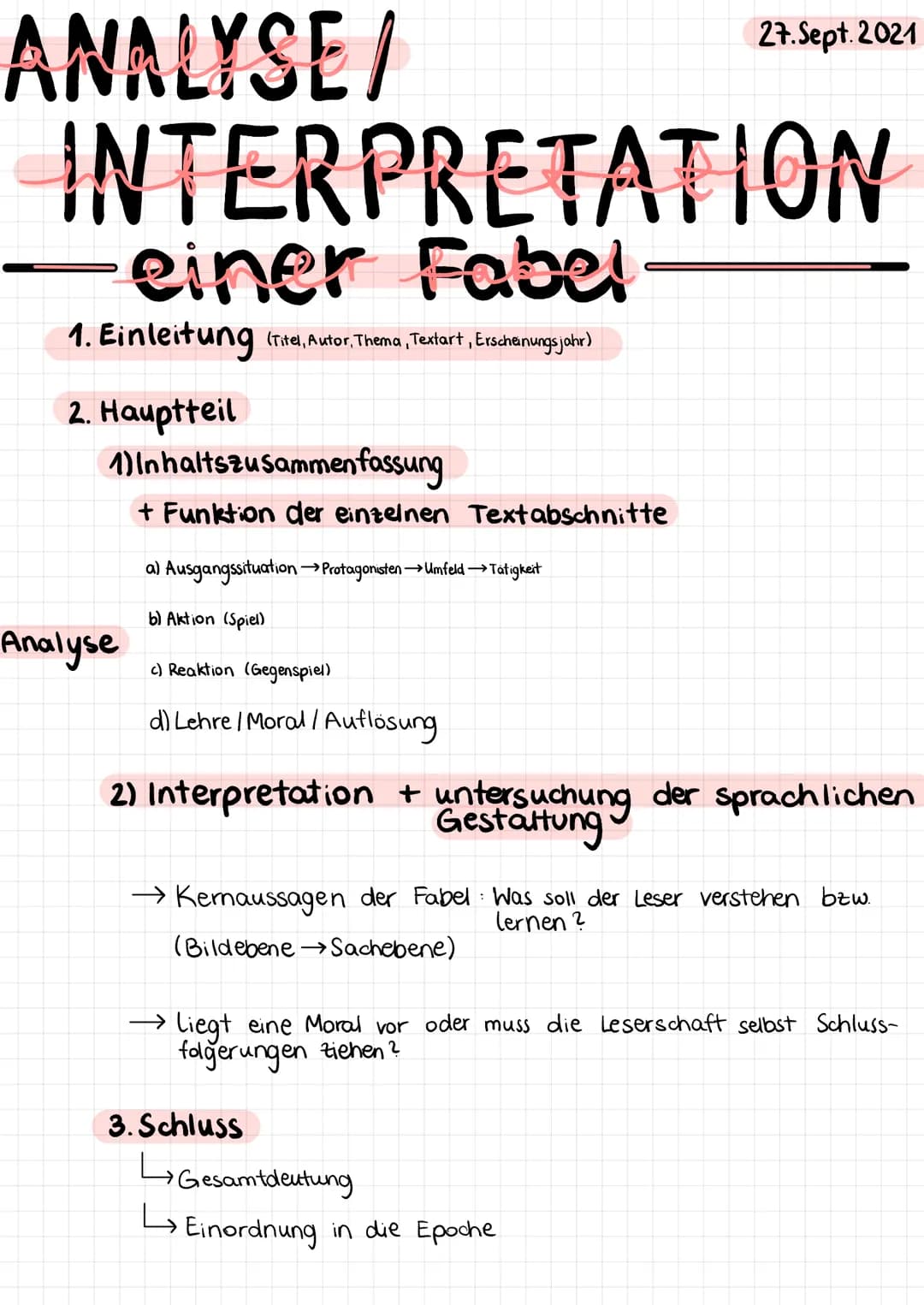 # ANALYSE/
# INTERPRETATION
- einer Fabel
1. Einleitung (Titel, Autor, Thema, Textart, Erscheinungsjahr)
2. Hauptteil
1) Inhaltszusamm
