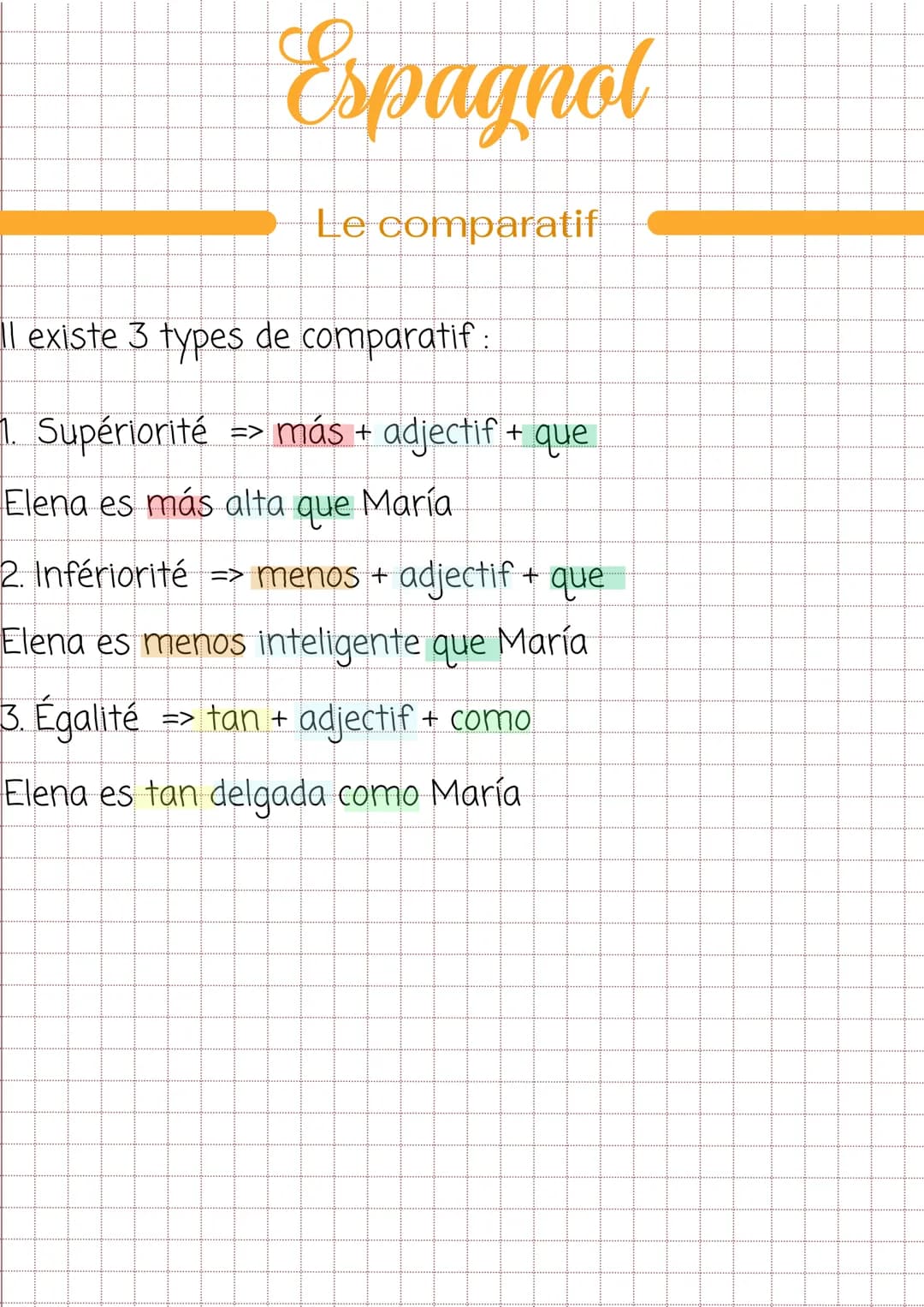 # Espagnol
Le comparatif
Il existe 3 types de comparatif :
1. Supériorité => más + adjectif + que
Elena es más alta que María
2. Inféri