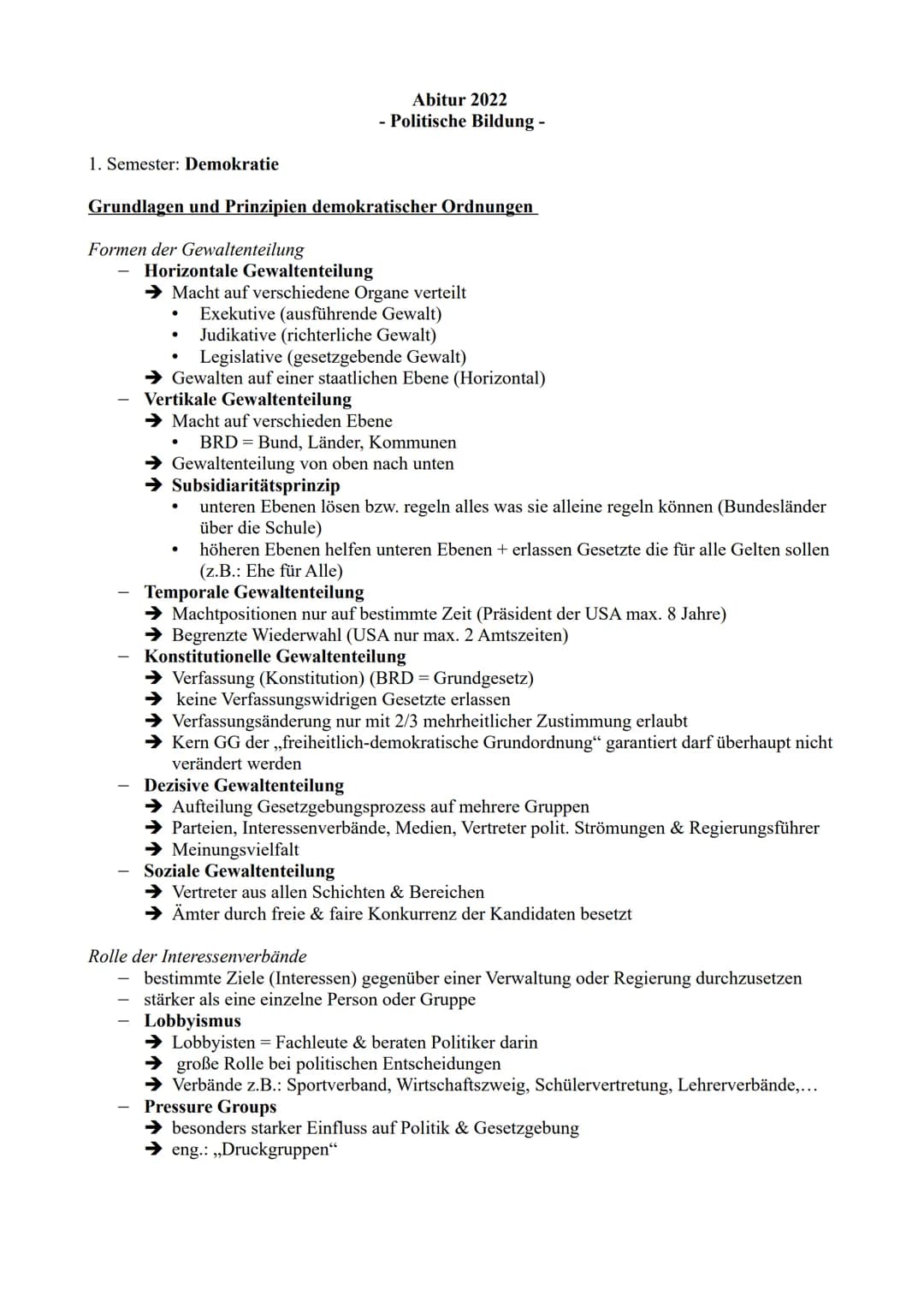 Abitur 2022
- Politische Bildung -
1. Semester: Demokratie
Grundlagen und Prinzipien demokratischer Ordnungen
Formen der Gewaltenteilung