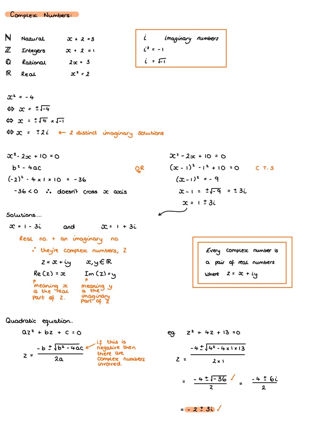 # Complex Numbers:
N Natural $x+2=3$
Z Integers $x + 2 = 1$
Q Rational $2x = 3$
R Real $x^2 = 2$
$x^2 = -4$
$\Rightarrow x = \pm\sqrt{-4}$