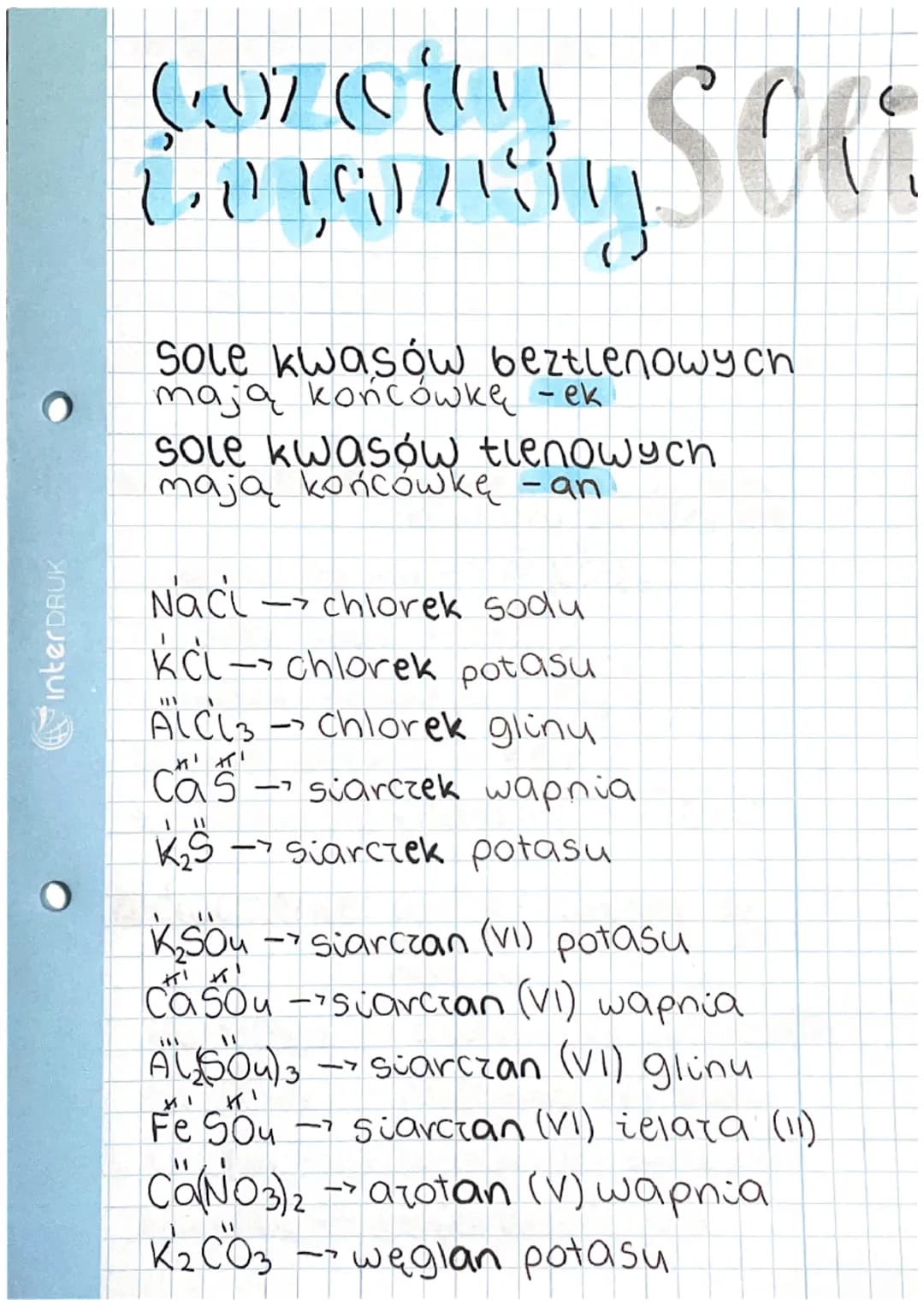 interDRUK
Ο
)
Lenczasy Soli
Sole kwasów beztlenowych
mają końcówkę - ek
sole kwasów tlenowych
mają końcówkę -an
Naci chlorek sodu
KCl c