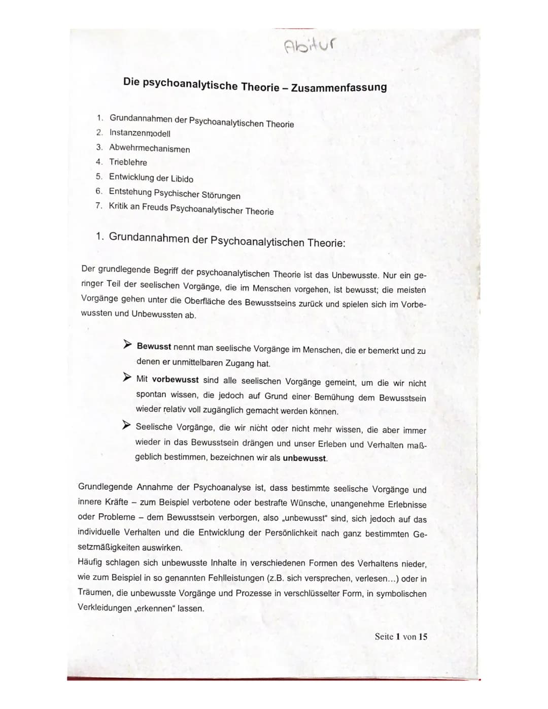 # Abitur
Die psychoanalytische Theorie - Zusammenfassung
1. Grundannahmen der Psychoanalytischen Theorie
2. Instanzenmodell
3. Abwehrmecha