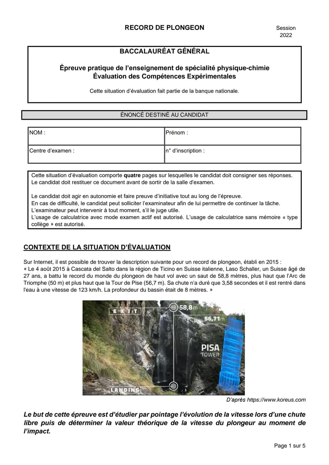 <h2>RECORD DE PLONGEON</h2>
<h3>BACCALAURÉAT GÉNÉRAL</h3>
<h4>Épreuve pratique de l'enseignement de spécialité physique-chimie</h4>
<h5>Éva