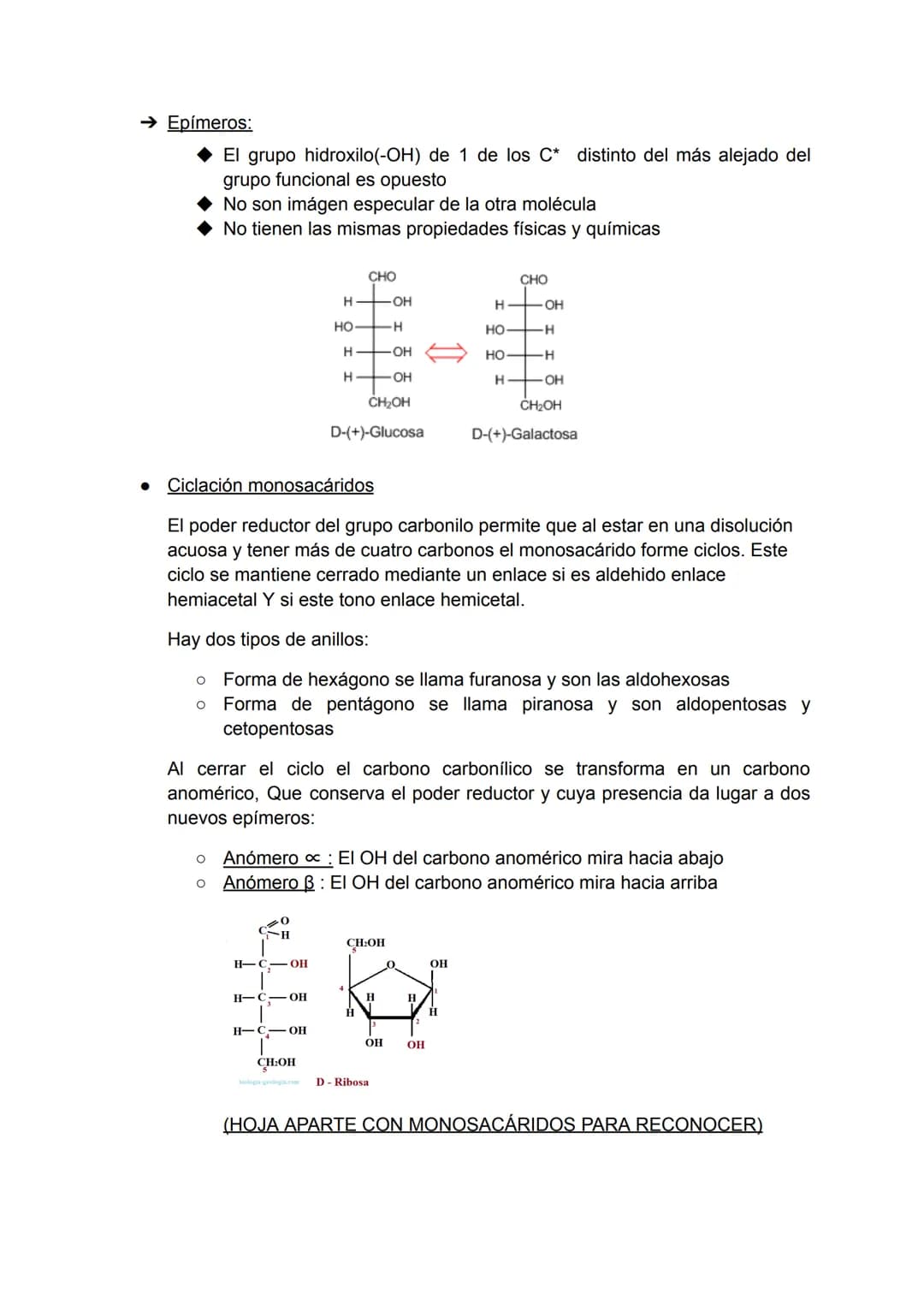 # TEMA 2 GLÚCIDOS
* C, H, O -> (CH2O)n
* Polihidroxialdehído o Polihidroxicetona
Monosacáridos
* Características de los monosacárid