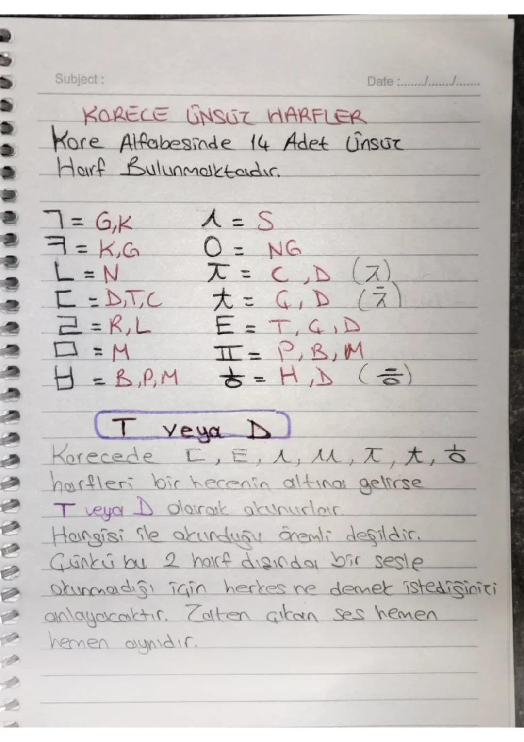 Subject:
Date :......./.../.
KORECE UNSUZ HARFLER
Kore Alfabesinde 14 Adet ünsüz
Harf Bulunmaktadır.
7 = G,K
7 = K,G
L=N
[=D,T,C
2=R,L
=M