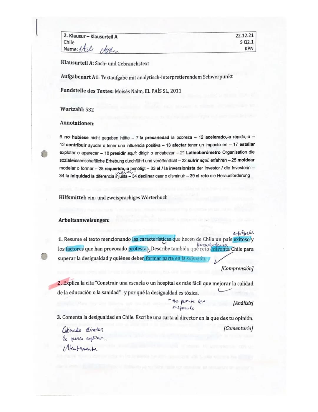2. Klausur-Klausurteil A
Chile
Name: Asli Aychu
Klausurteil A: Sach- und Gebrauchstext
Aufgabenart A1: Textaufgabe mit analytisch-interpre
