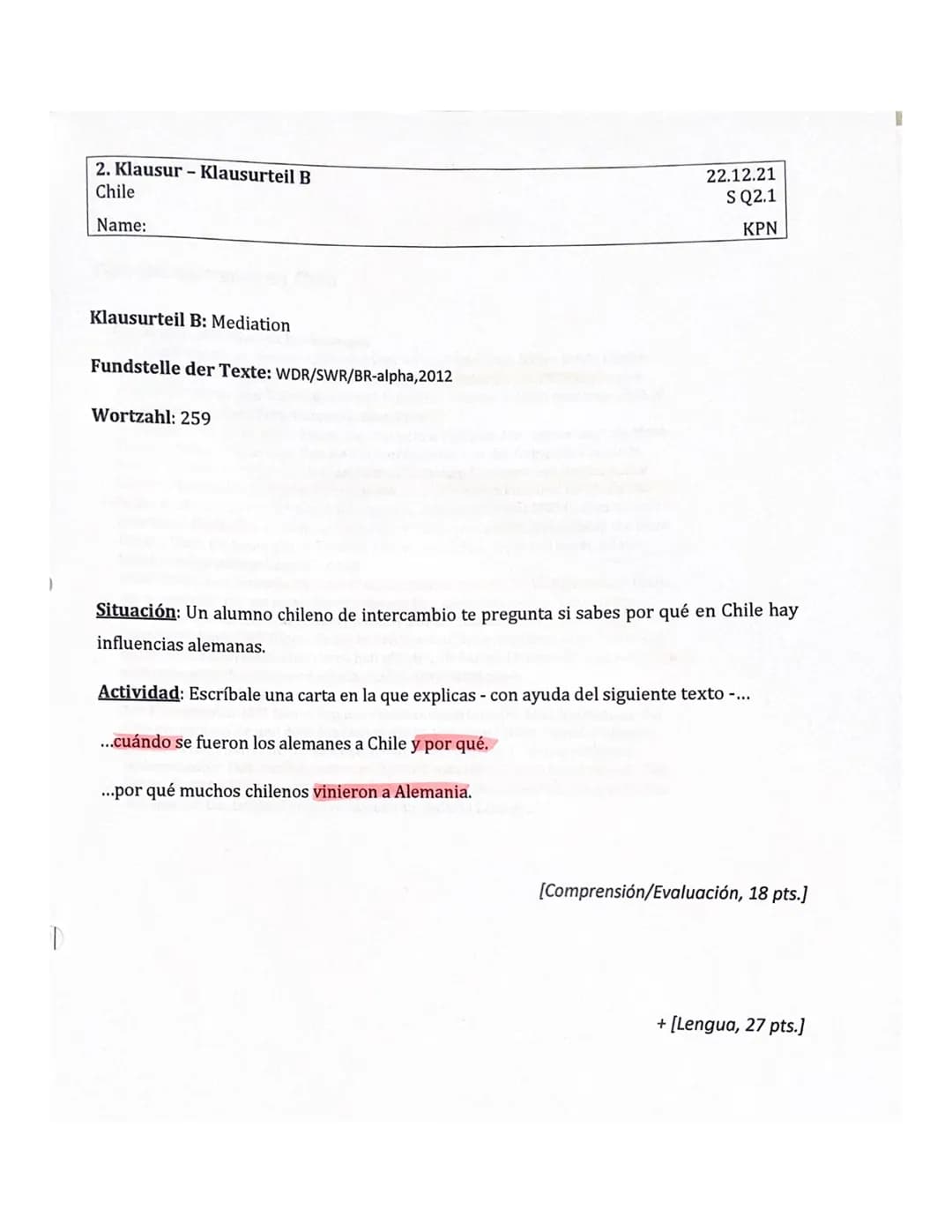 2. Klausur-Klausurteil A
Chile
Name: Asli Aychu
Klausurteil A: Sach- und Gebrauchstext
Aufgabenart A1: Textaufgabe mit analytisch-interpre