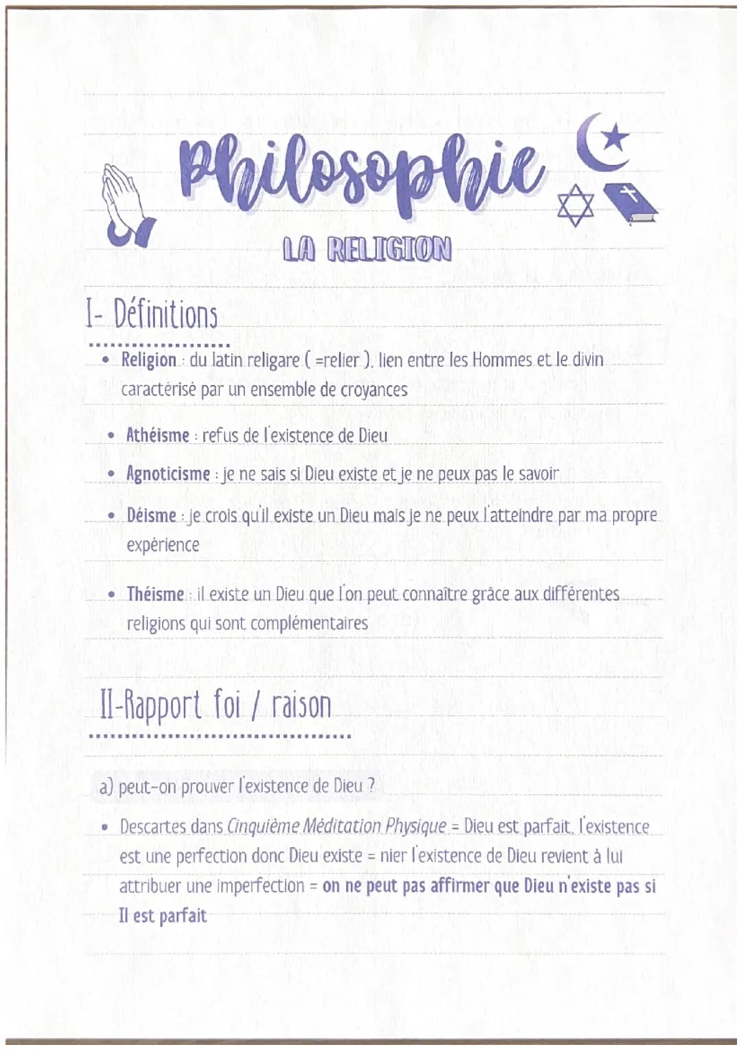 # Philosophie
LA RELIGION
I- Définitions
• Religion : du latin religare (=relier). lien entre les Hommes et le divin
caractérisé par un e