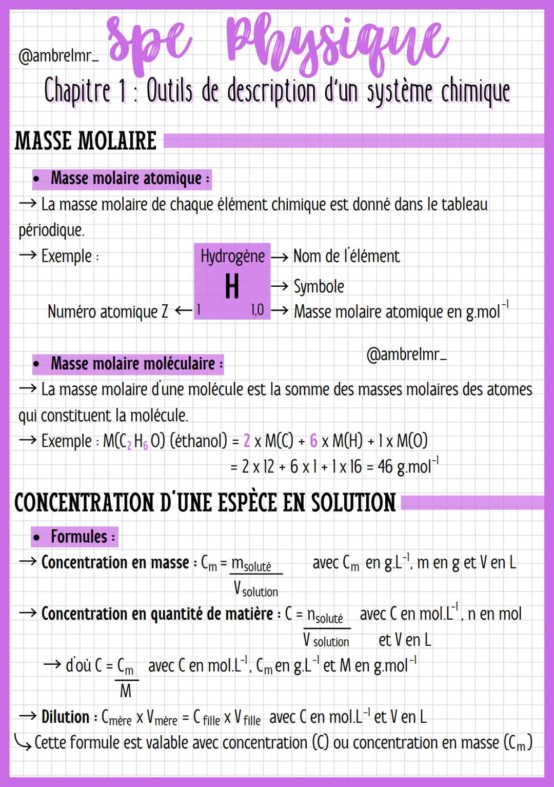 # spe Physique
@ambrelmr_
Chapitre 1: Outils de description d'un système chimique
MASSE MOLAIRE
* Masse molaire atomique :
→ La masse m