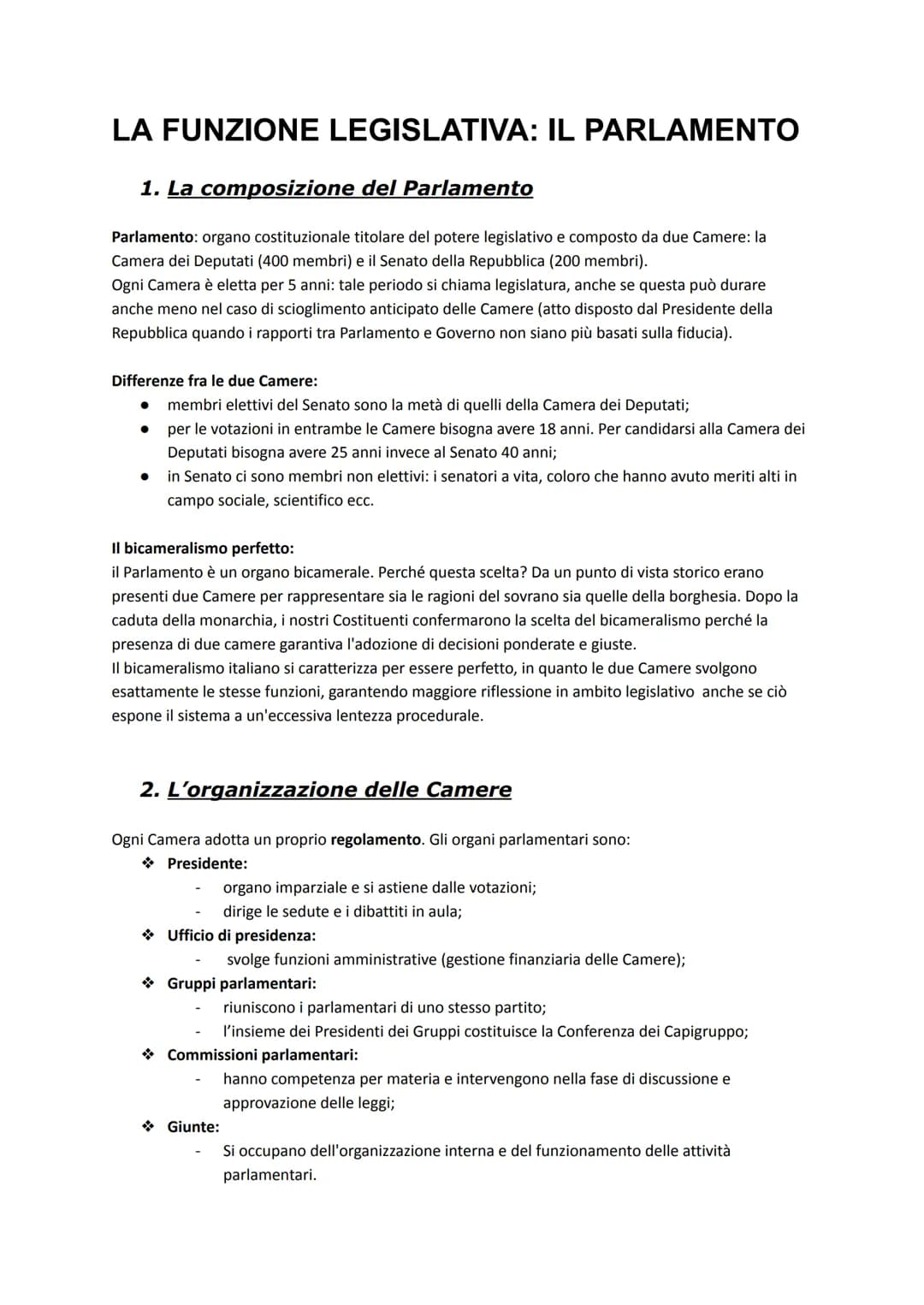 # LA FUNZIONE LEGISLATIVA: IL PARLAMENTO
1. La composizione del Parlamento
Parlamento: organo costituzionale titolare del potere legislati