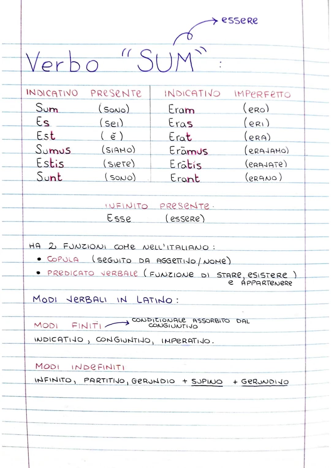 Verbo "SUM":
essere
INDICATIVO PRESENTE INDICATIVO IMPERFETTO
Sum (SONO) Eram (ero)
Es (sei) Eras (ERI)
Est (ě) Erat (ERA)
Sumus (SIAMO) E
