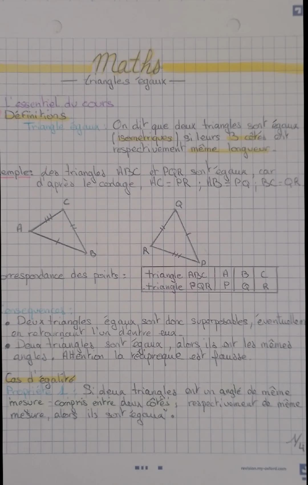 # Maths
- triangles égaux.
L'essentiel du cours.
Définitions
Trungle agawa: On dit que deux trangles sont égaux
:) si leurs 3 côtés cit
(is
