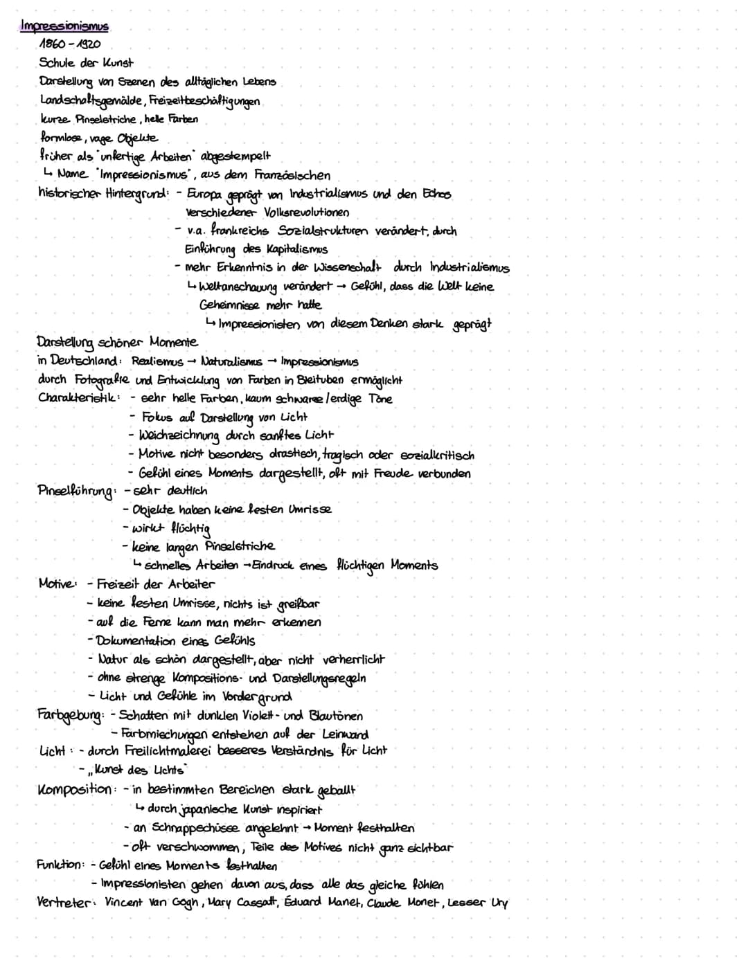 Impressionismus
1860-1920
Schule der Kunst
Darstellung von Szenen des alltäglichen Lebens
Landschaftsgemälde, Freizeitbeschäftigungen
ku