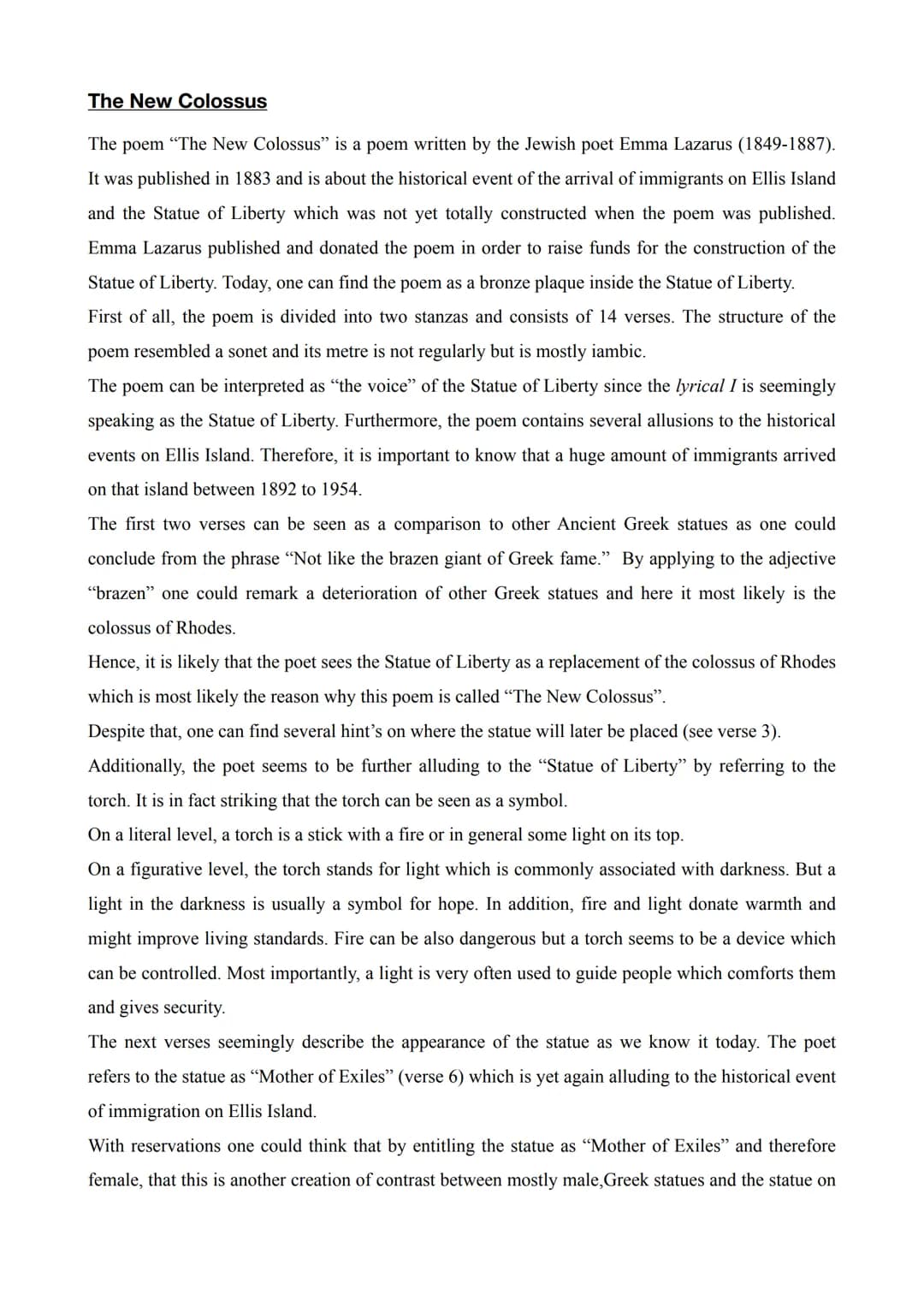 # The New Colossus
The poem "The New Colossus" is a poem written by the Jewish poet Emma Lazarus (1849-1887).
It was published in 1883 and